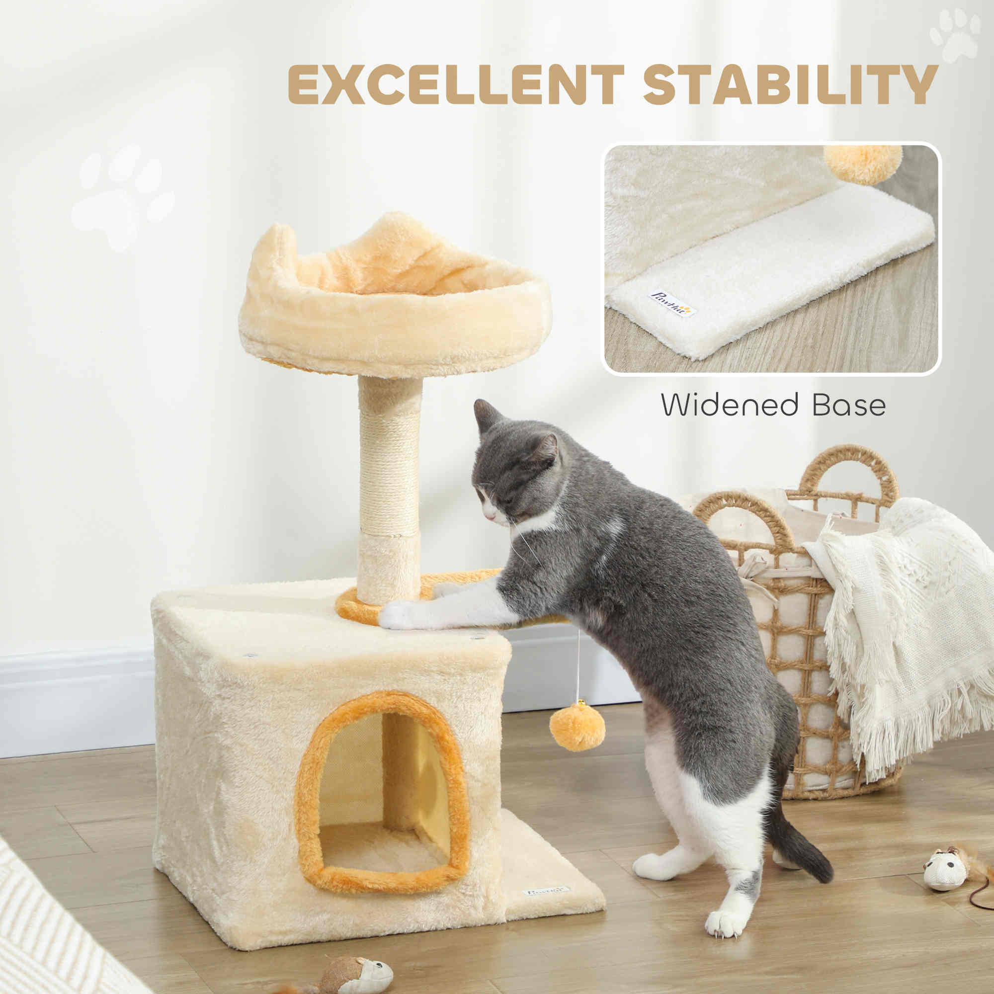 28" Cat Tree Tower with Plush Top Bed, Cozy Condo, Sisal Scratching Post, Perch, Dangling Ball, Beige and Yellow