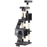 68" Multi-Level Cat Scratching Tree with 3 Perches & 2 Condos, 4 Tier Kitty Activity Center with Ladders & Dangling Toys, Grey
