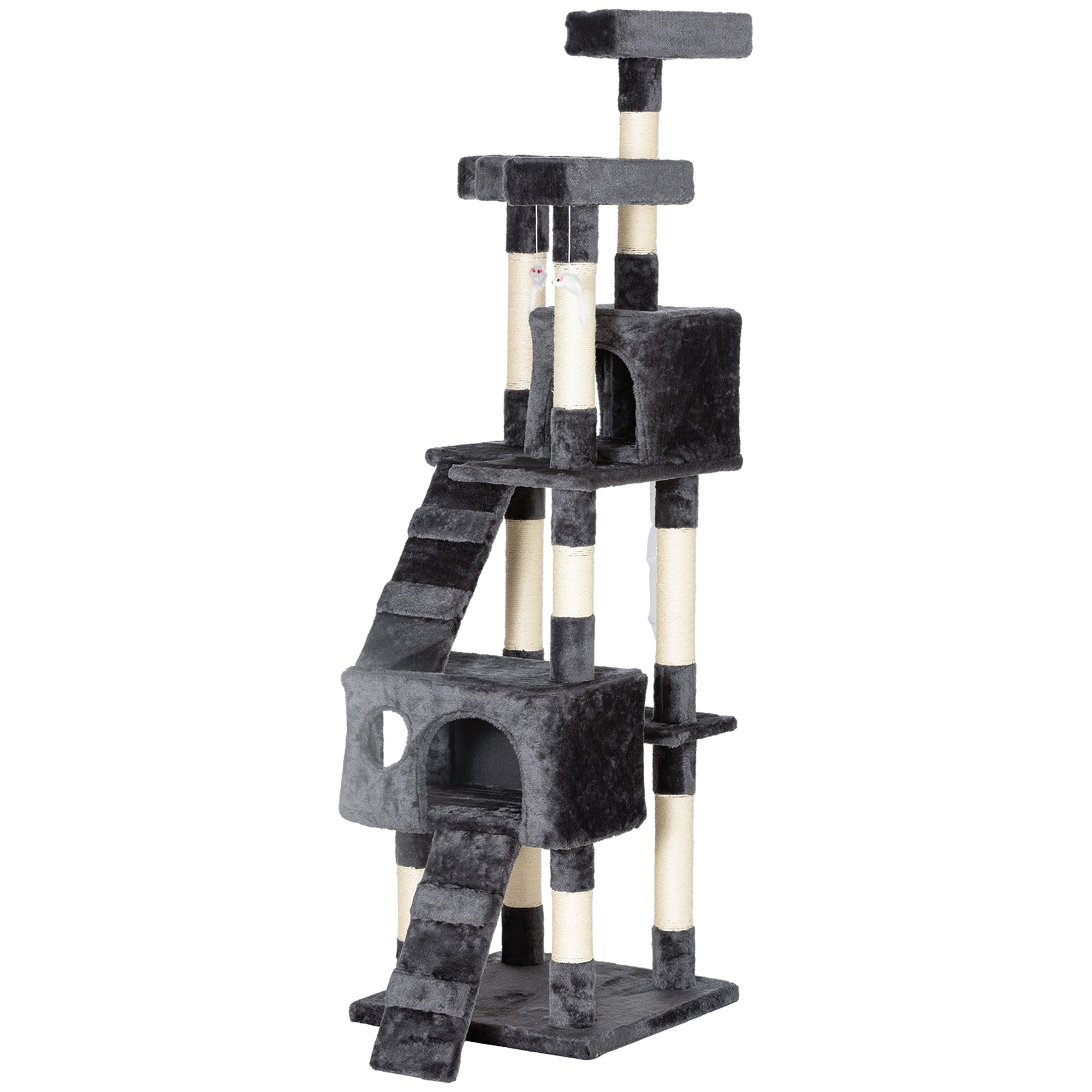 68" Multi-Level Cat Scratching Tree with 3 Perches & 2 Condos, 4 Tier Kitty Activity Center with Ladders & Dangling Toys, Grey