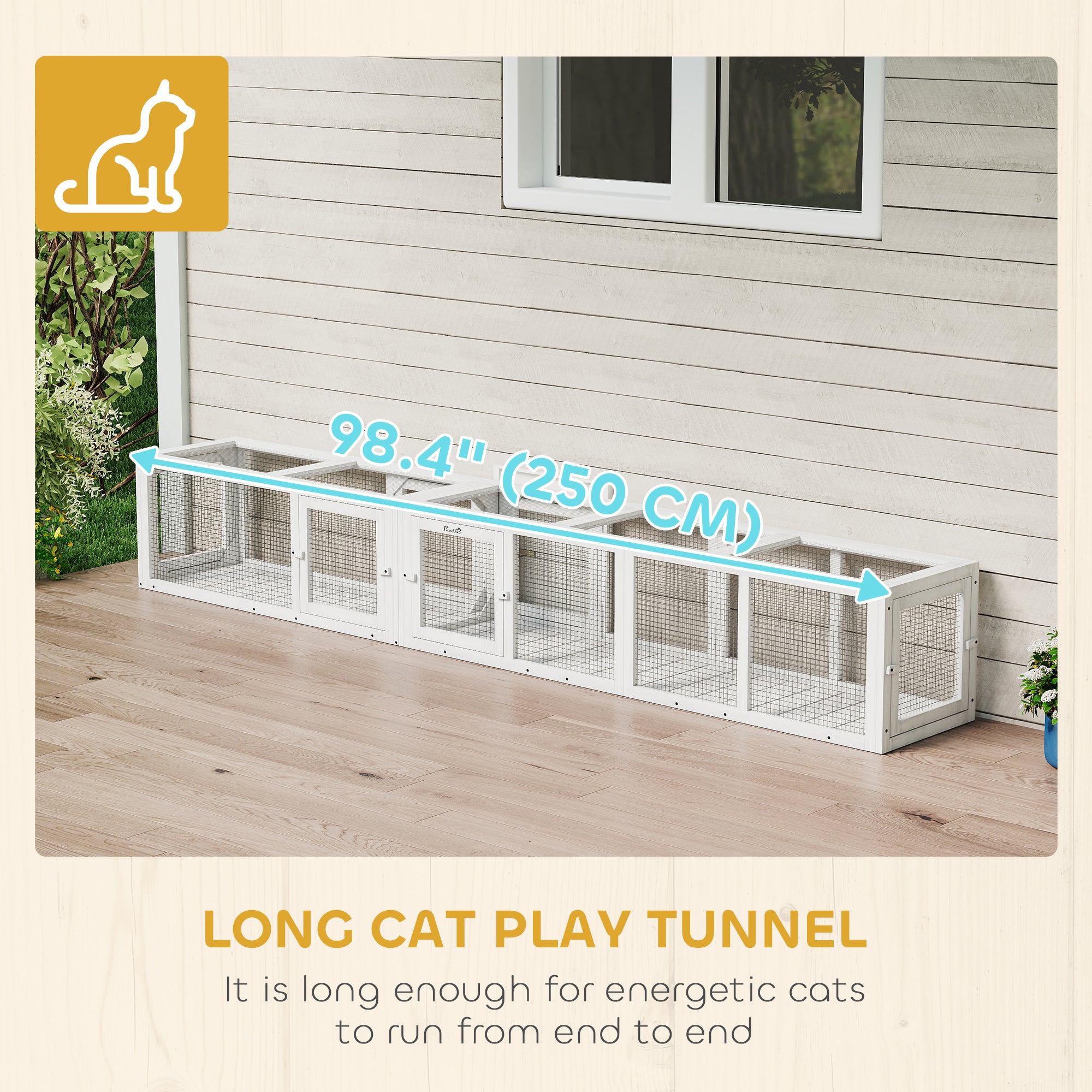 Cat Tunnel, Outdoor Cat Enclosure with Combinable Design, 8 Doors, 98" Kitty Toys for House, Window, Cage, White