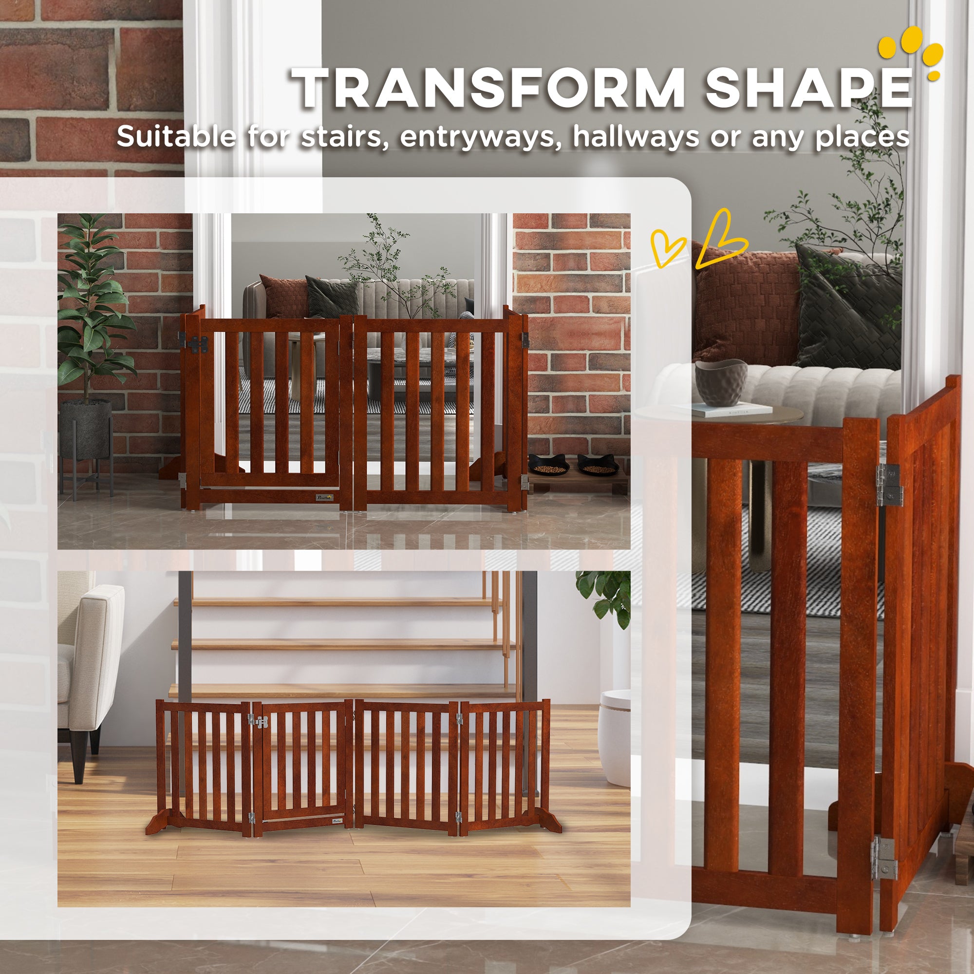 Foldable Dog Gate with Door, 4 Panels Fressstanding Pet Gate, Brown