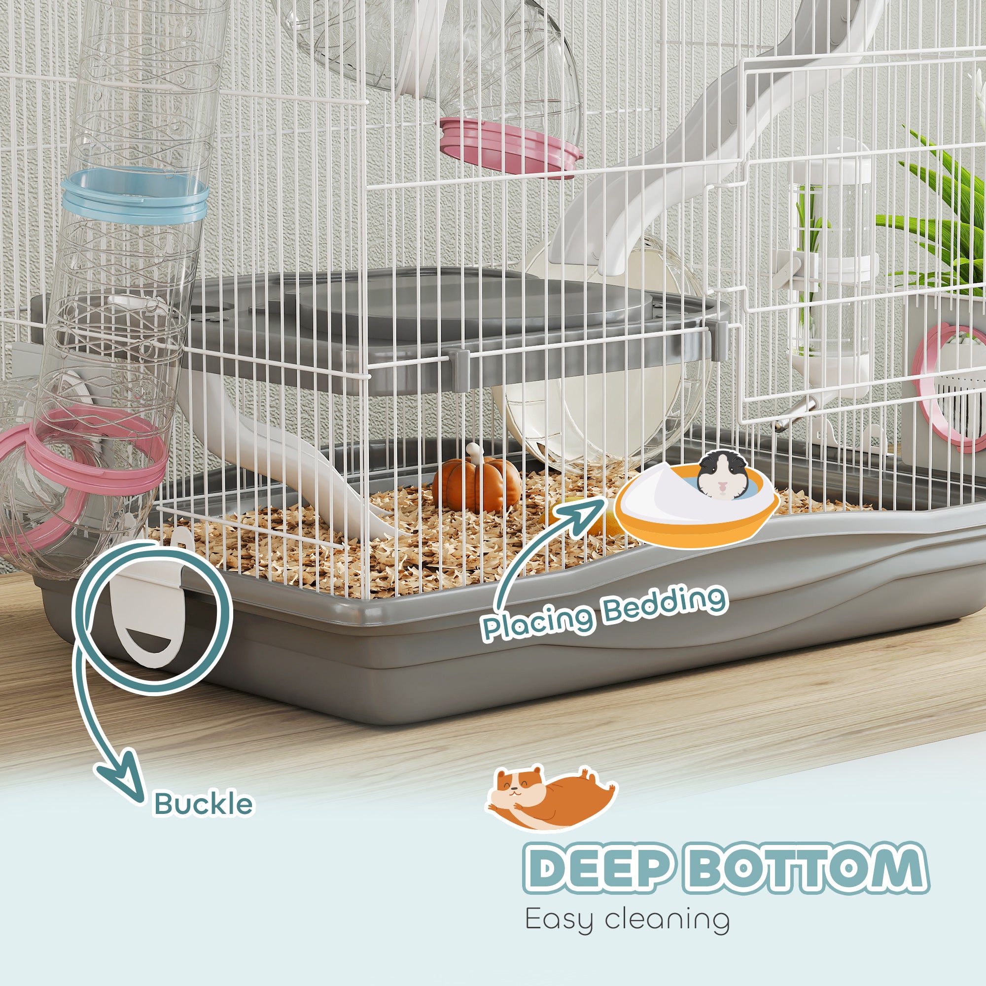 3-Tier Hamster Cage, Portable Gerbil Cage with Exercise Wheels, Water Bottle, Food Dish, for Dwarf Hamsters, Mouse, Grey