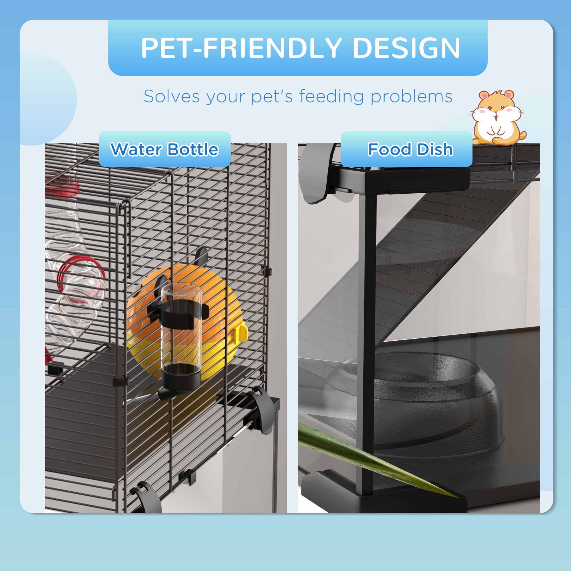 Hamster Cage with Deep Glass Bottom, Tunnel Tube System, Platforms, Hut, Exercise Wheel, Water Bottle, 24" x 16" x 22"