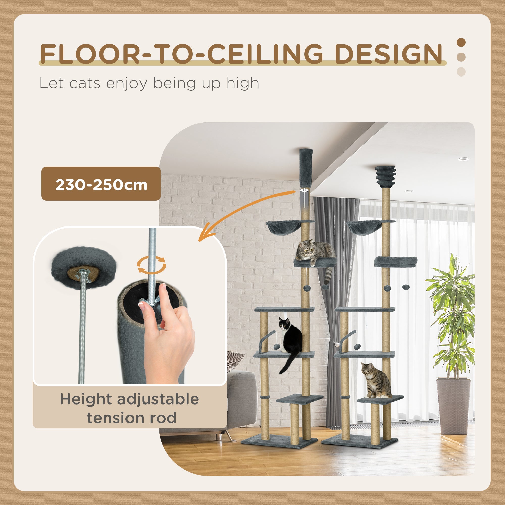 Floor to Ceiling Cat Tree, 90.5" - 98.5" Cat Tower with Scratching Post, Dangling Balls, Platforms, Bed, Hammock, Grey