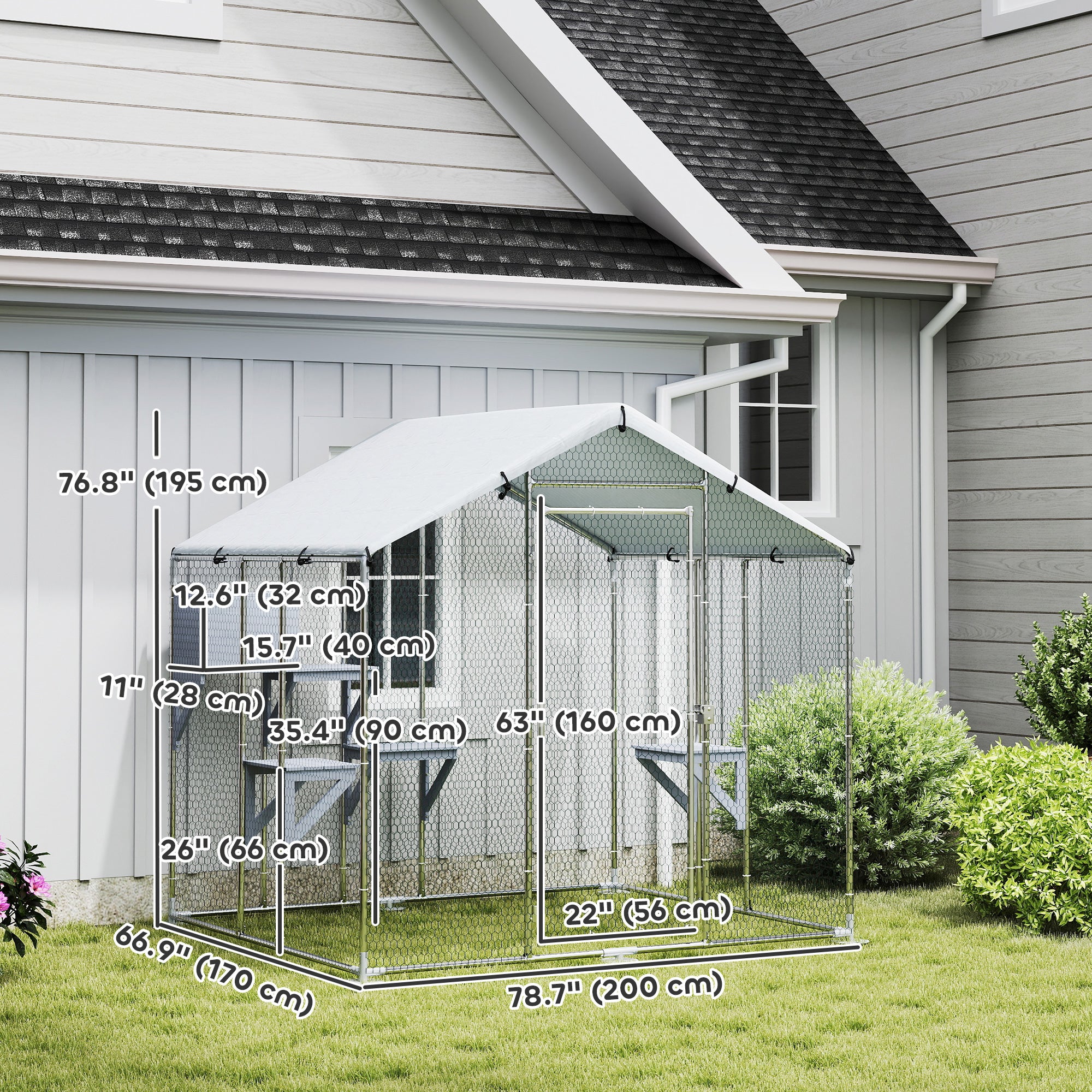79" Extra Large Metal Outdoor Catio with Waterproof Cover, Resting Box, 4 Platforms, for Multiple Rabbits, Chicken