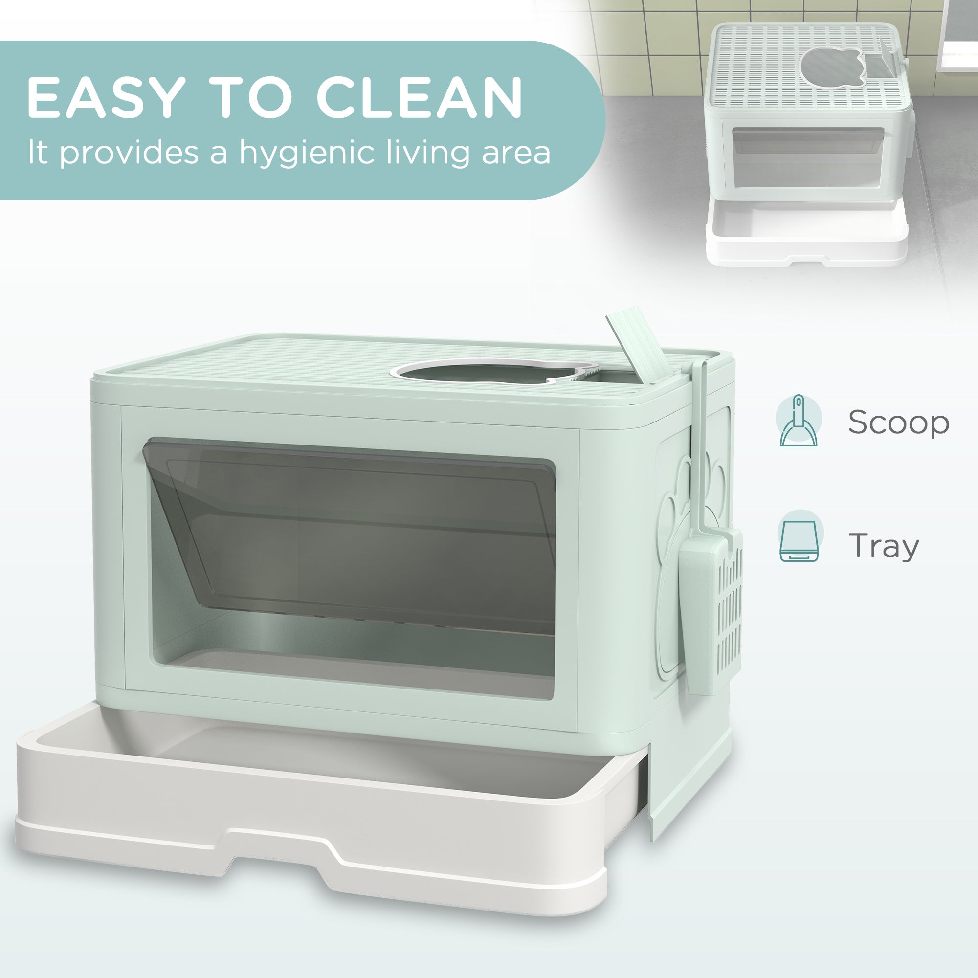 Cat Litter Box, Front Enter & Top Exit Cat Litter Tray with Scoop, Pull-out Tray, Easy to Clean, Green