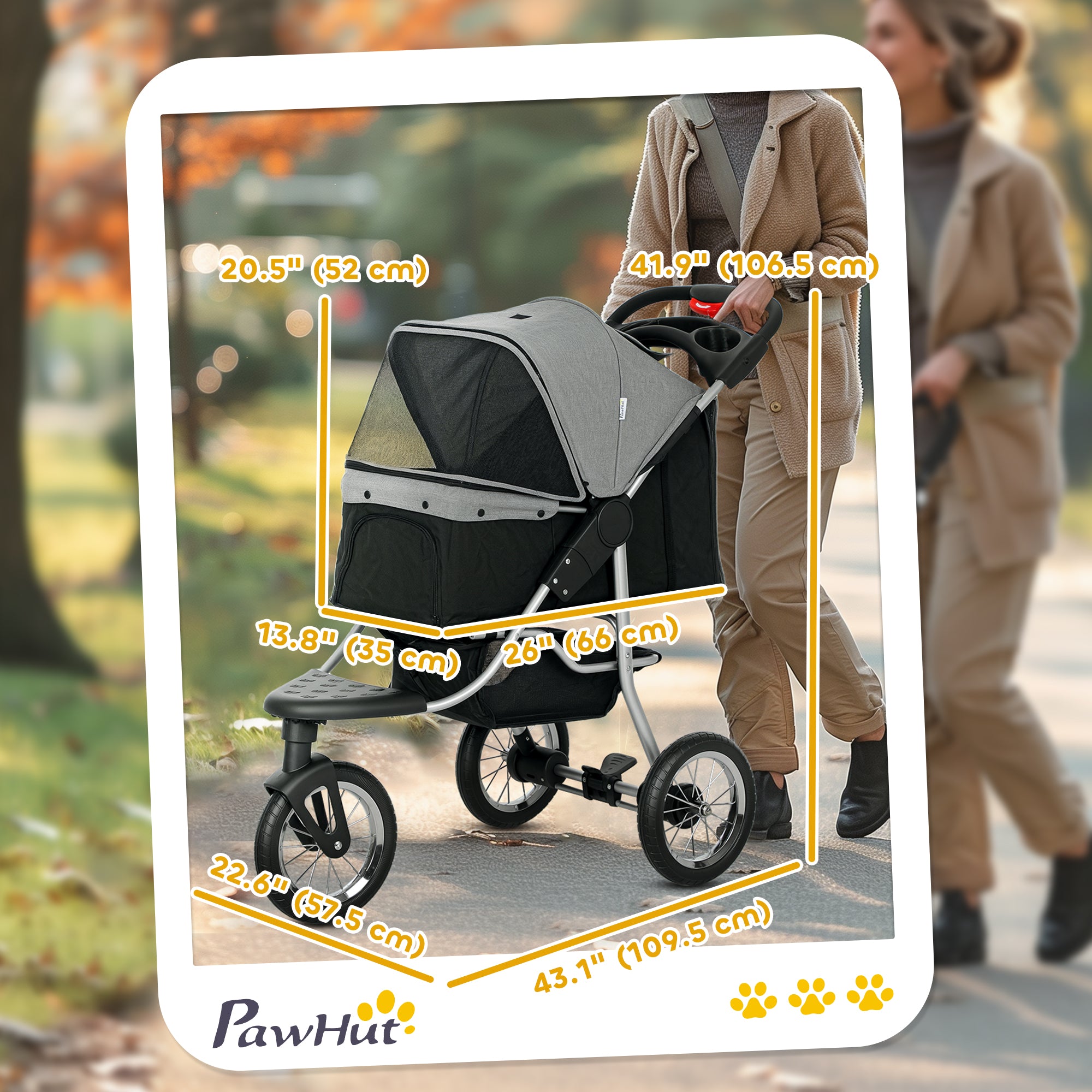 Poussette pour petit chien, poussette pliable pour animaux à 3 roues avec capote réglable et porte en maille zippée pour les propriétaires d’animaux, grise