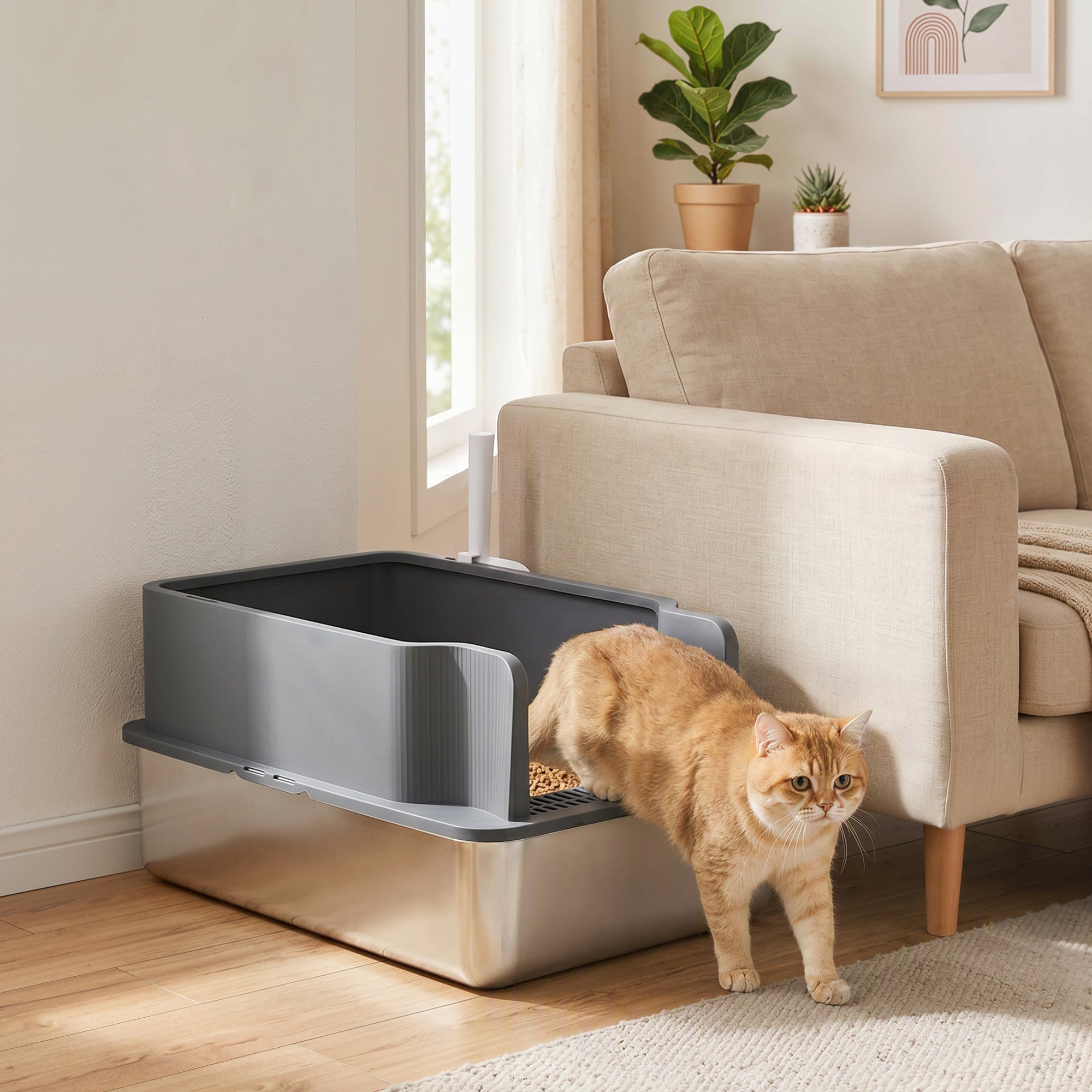 Stainless Steel Sifting Litter Box for Pine Pellet, High Sided, Anti-Leakage, Less Tracking, Includes Scoop & 10 Pads