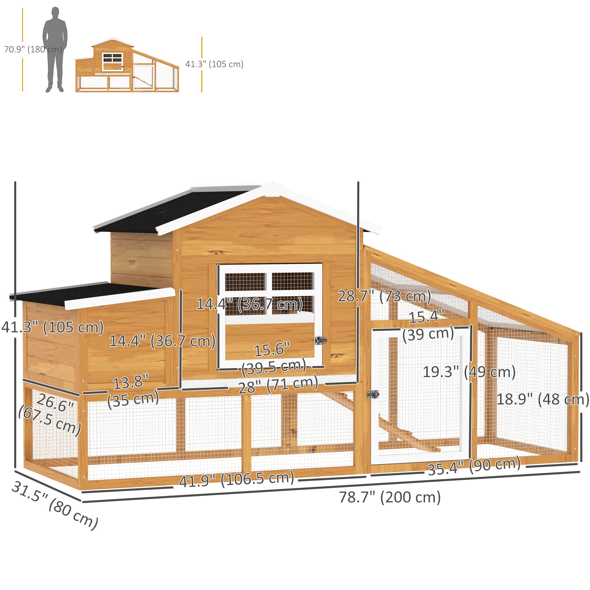 79" Wooden Chicken Coop, Outdoor Hen House, Poultry Habitat with Removable Tray, Nesting Box, Run, Ramp, Brown