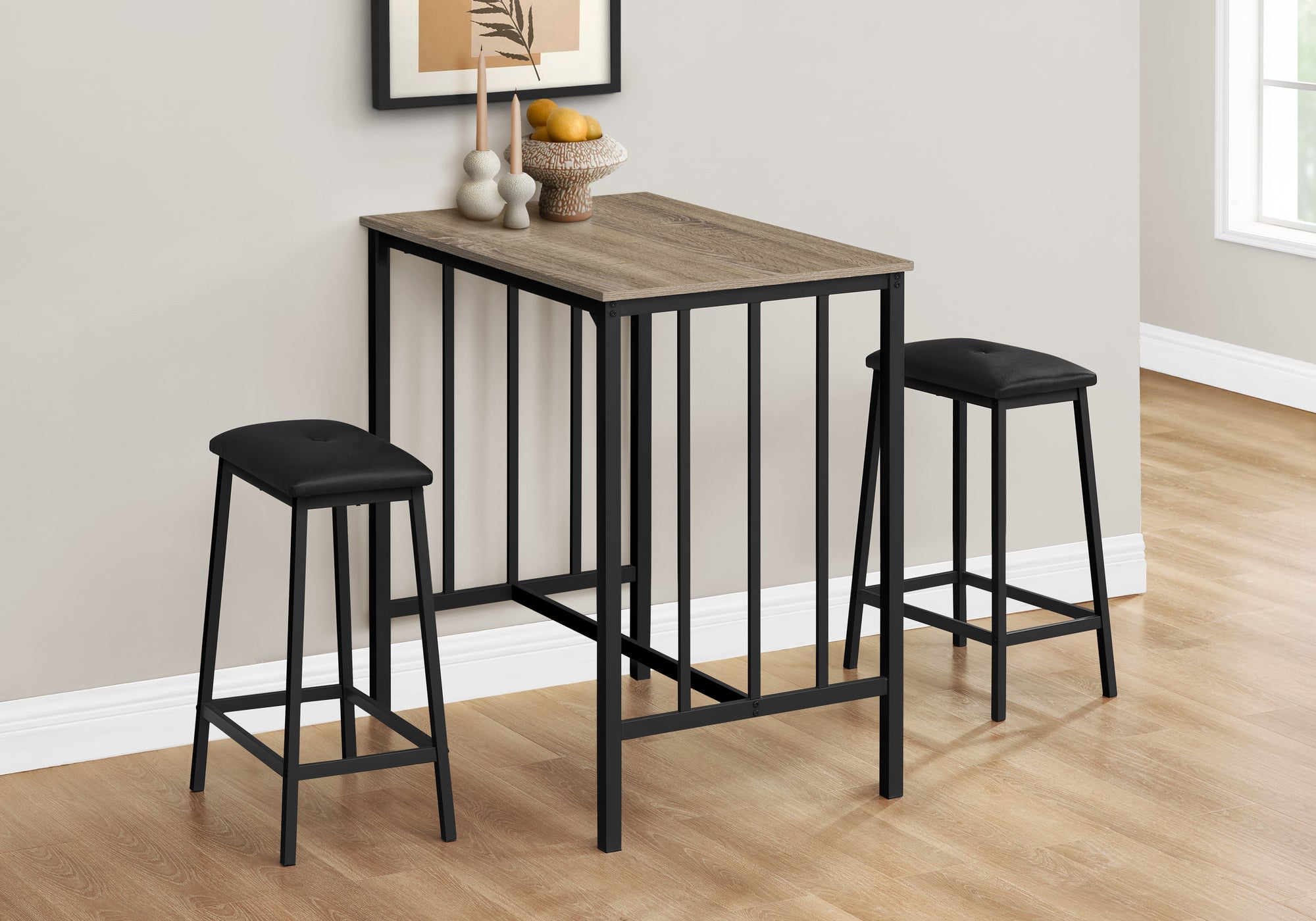 Dining Set - 3pcs Counter Height Dark Taupe / Black Metal-Dining Sets-DECOROLALA