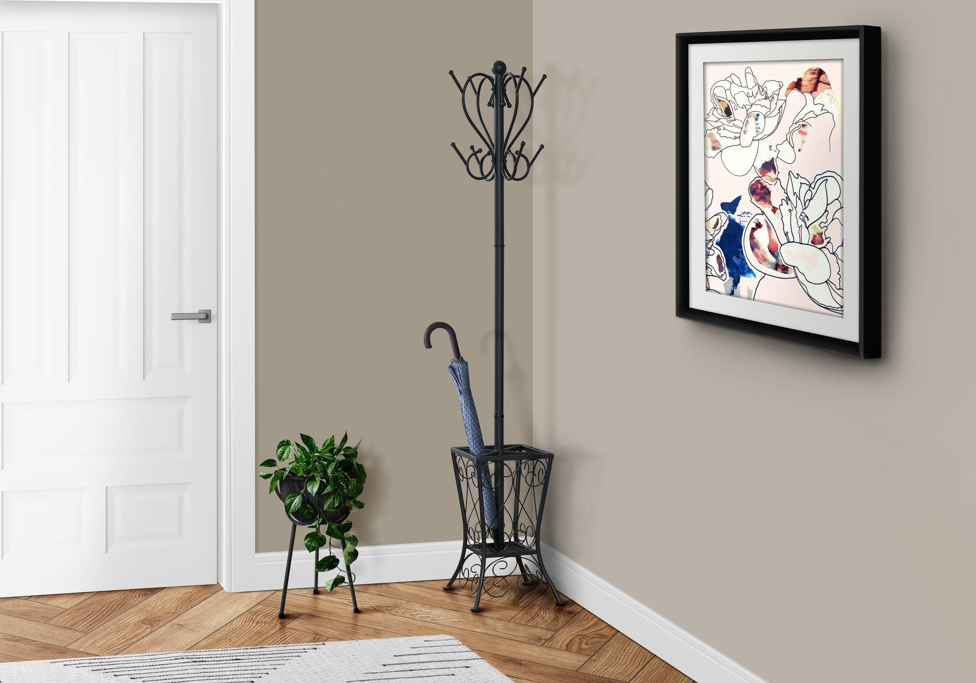 COAT RACK - 71"H / BLACK METAL WITH AN UMBRELLA HOLDER-Coat Rack-DECOROLALA