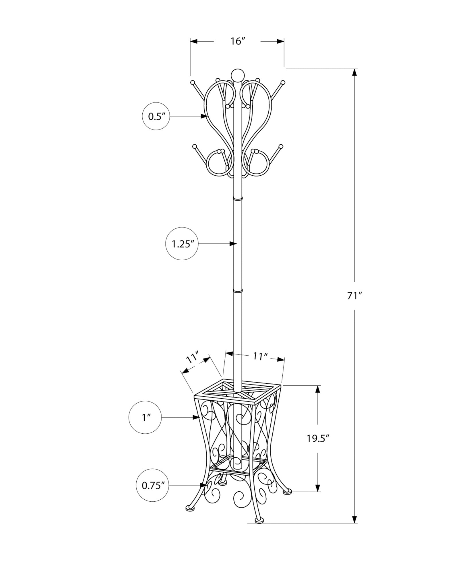 COAT RACK - 71"H / BLACK METAL WITH AN UMBRELLA HOLDER-Coat Rack-DECOROLALA