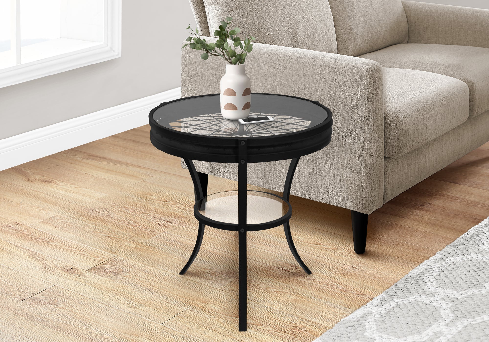 ACCENT TABLE - 22"DIA / BLACK WITH TEMPERED GLASS-Accent Table-DECOROLALA