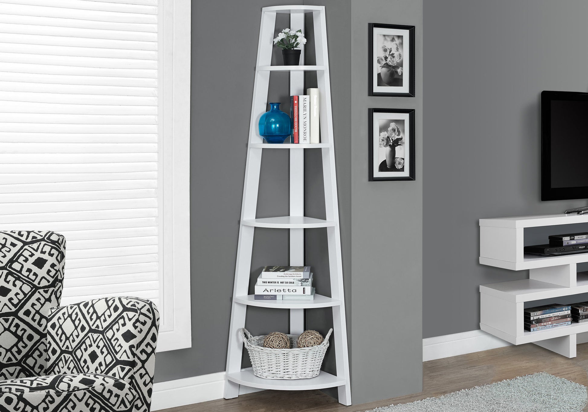 Bookcase - 72""H / Industrial Grey Corner Accent Etagere-Bookshelf-DECOROLALA