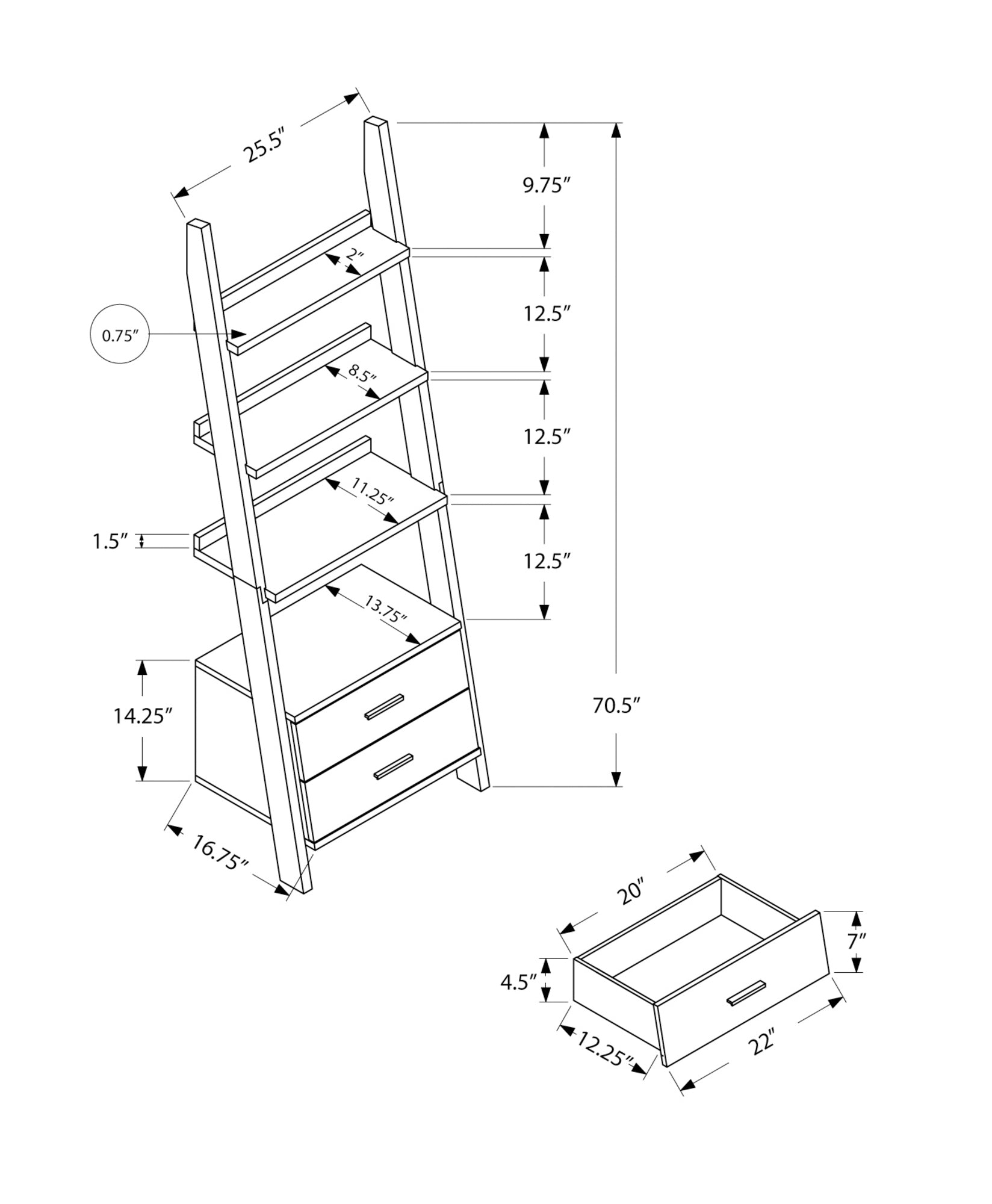 Bookcase - 69"H / Grey-White Ladder With 2 Storage Drawer-Bookshelf-DECOROLALA