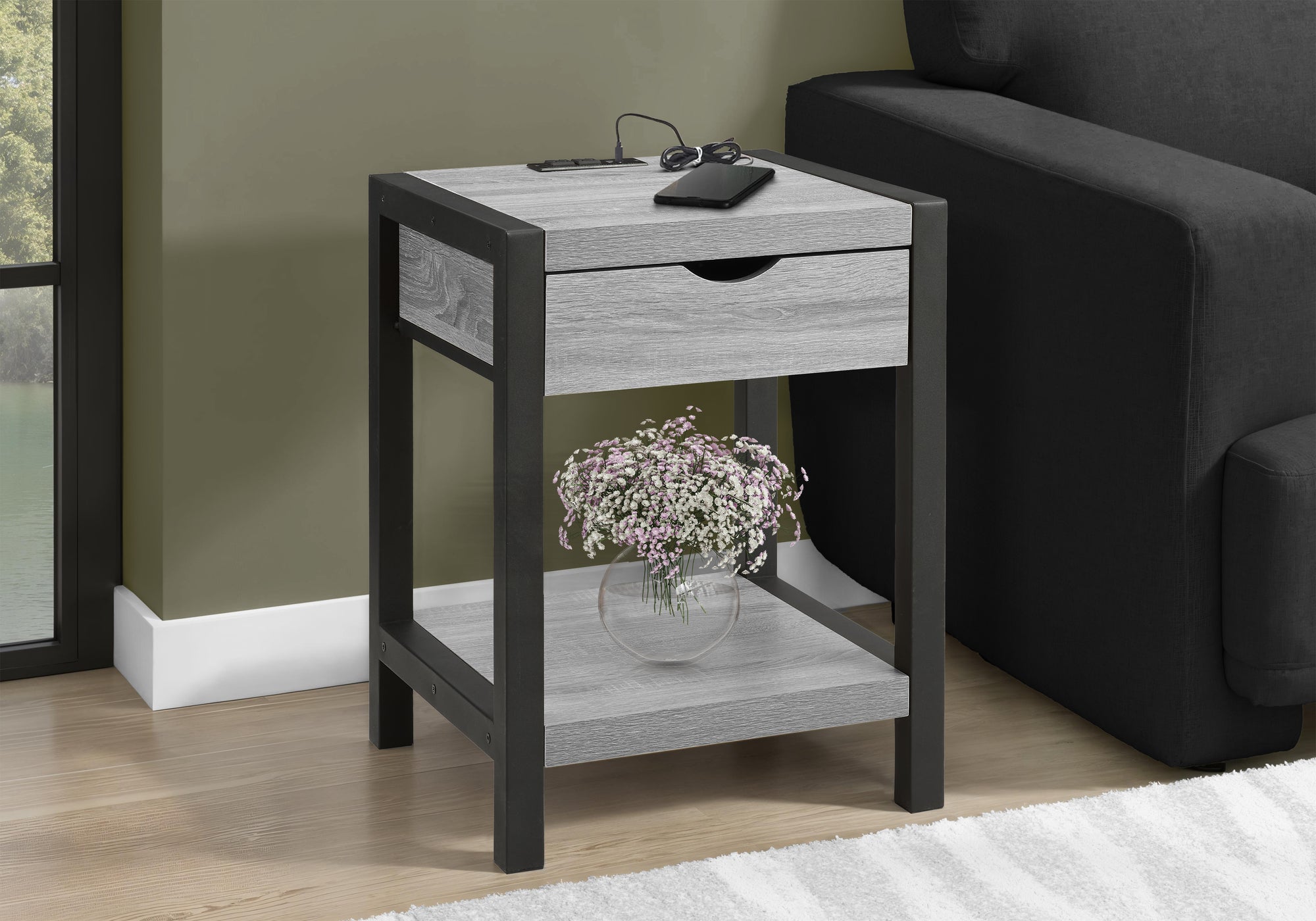 24" Accent Table with USB Port, Storage Drawer & 2-Tier Shelf