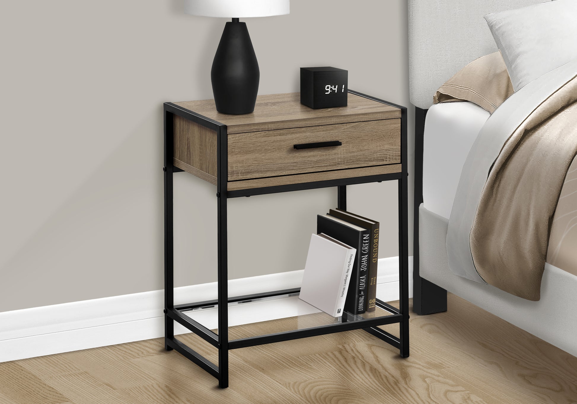 Accent Table - 22"H / Dark Taupe / Black / Tempered Glass-Accent Table-DECOROLALA