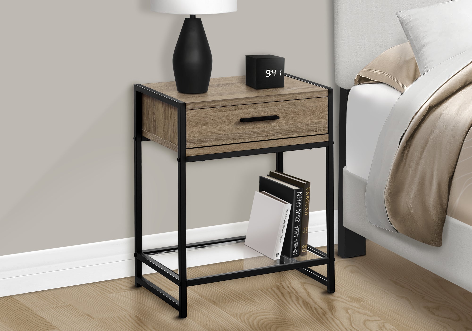 Accent Table - 22"H / Dark Taupe / Black / Tempered Glass-Accent Table-DECOROLALA