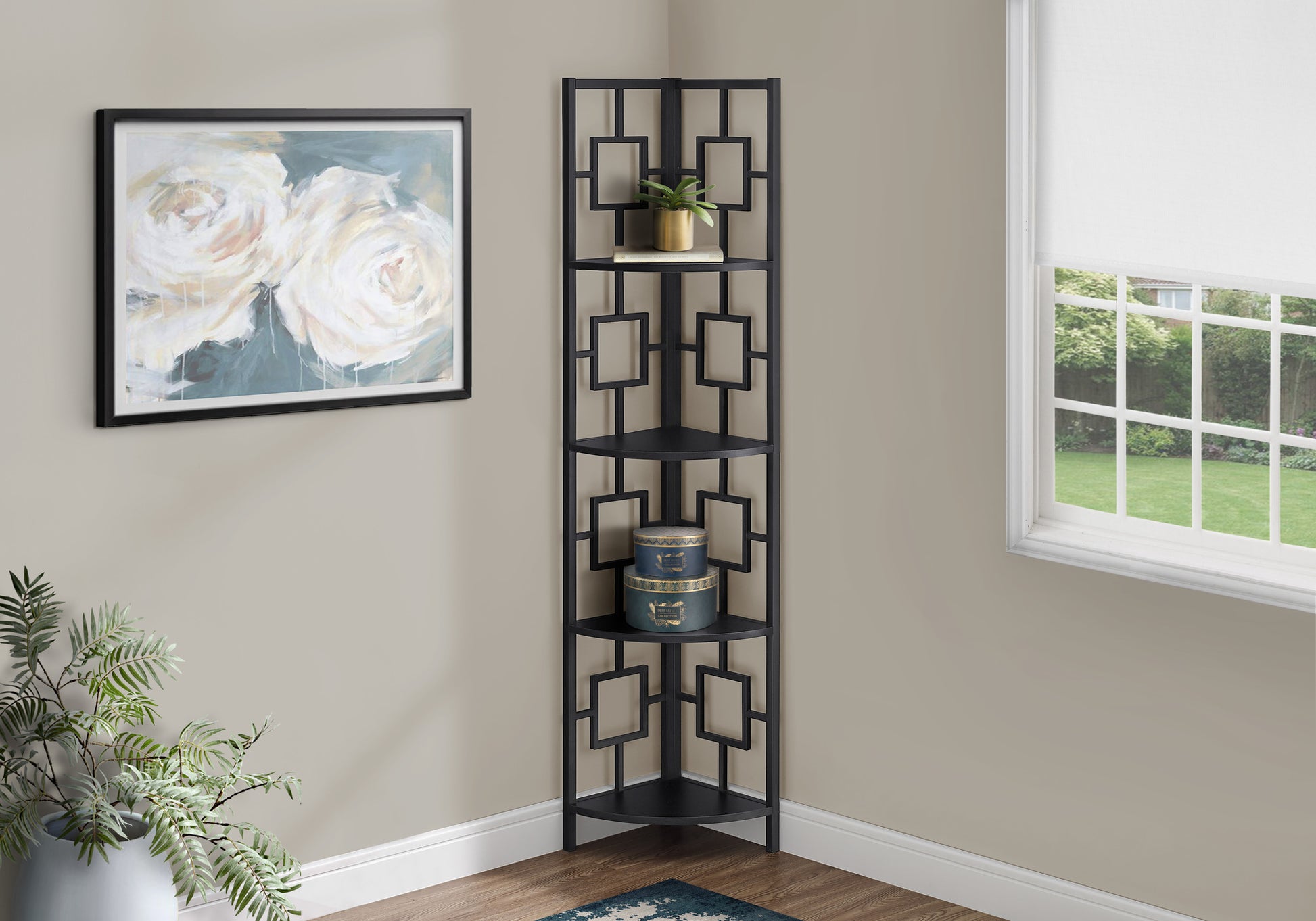 Bookcase - 62"H / Black / Black Metal Corner Etagere-Bookshelf-DECOROLALA