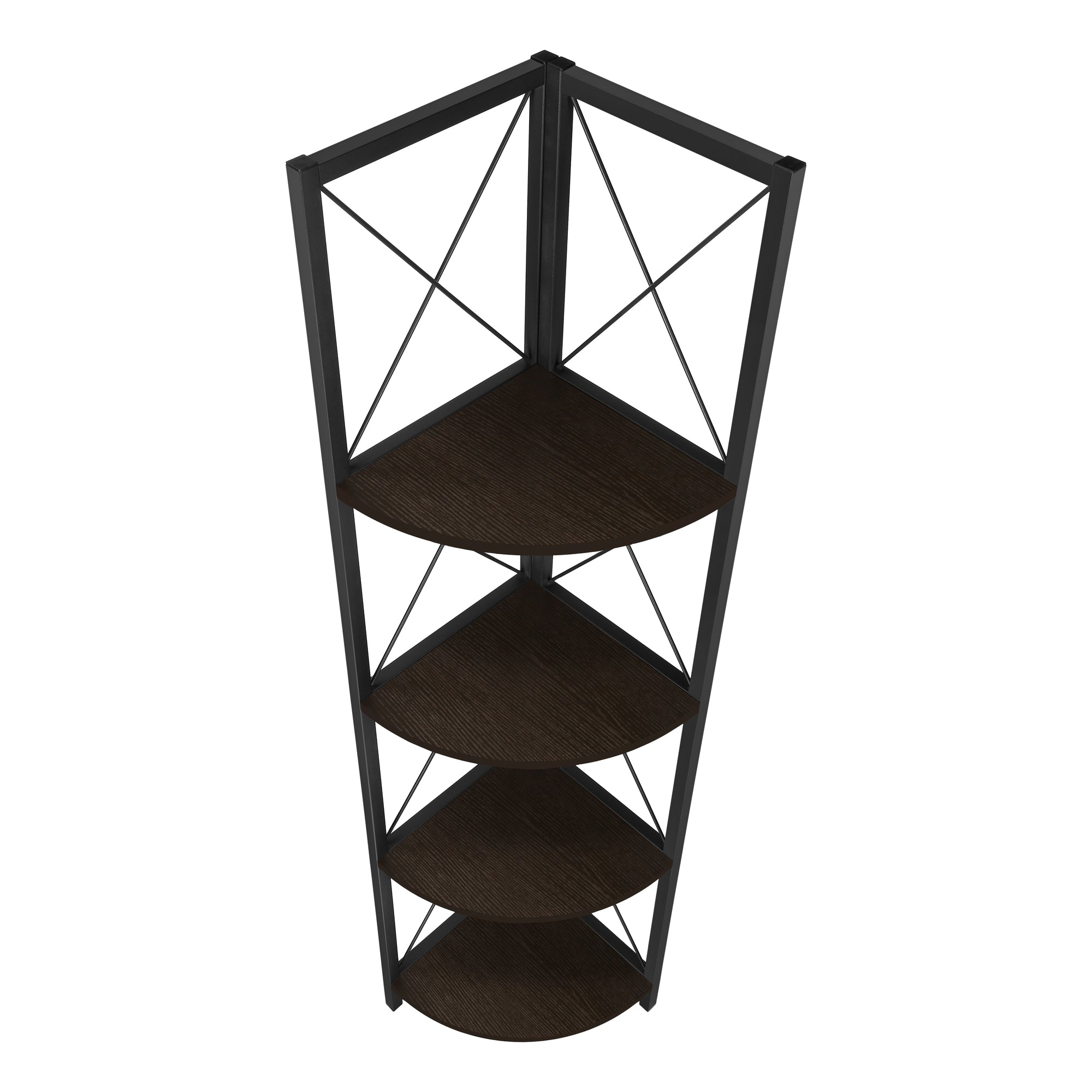 Bookcase - 60"H / Espresso / Black Metal Corner Etagere-Bookshelf-DECOROLALA