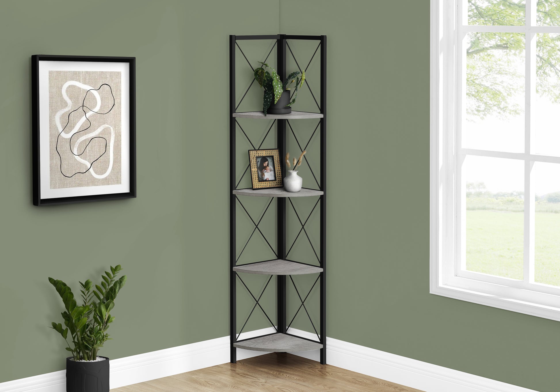 Bookcase - 60"H / Espresso / Black Metal Corner Etagere-Bookshelf-DECOROLALA