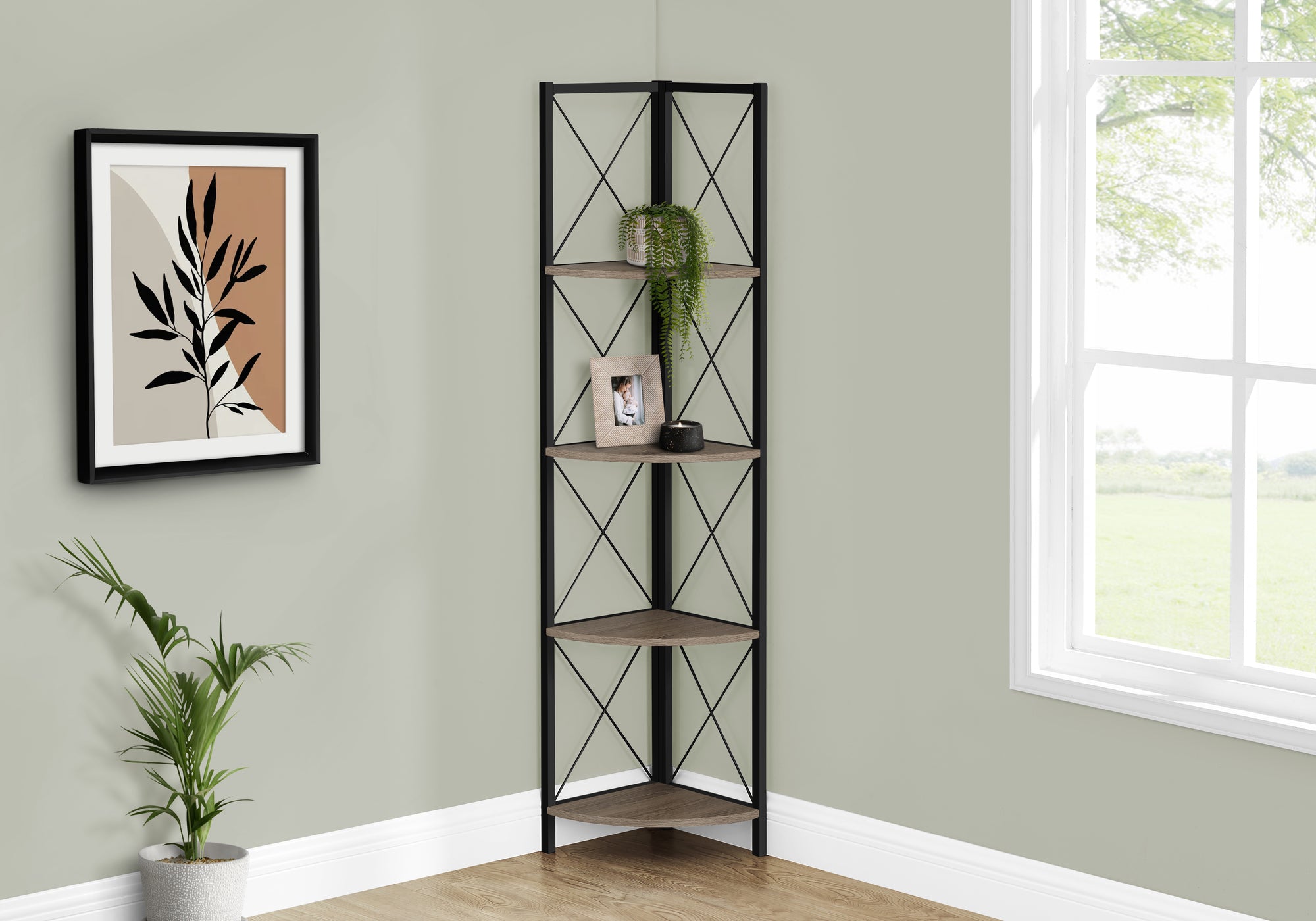 Bookcase - 60"H / Espresso / Black Metal Corner Etagere-Bookshelf-DECOROLALA