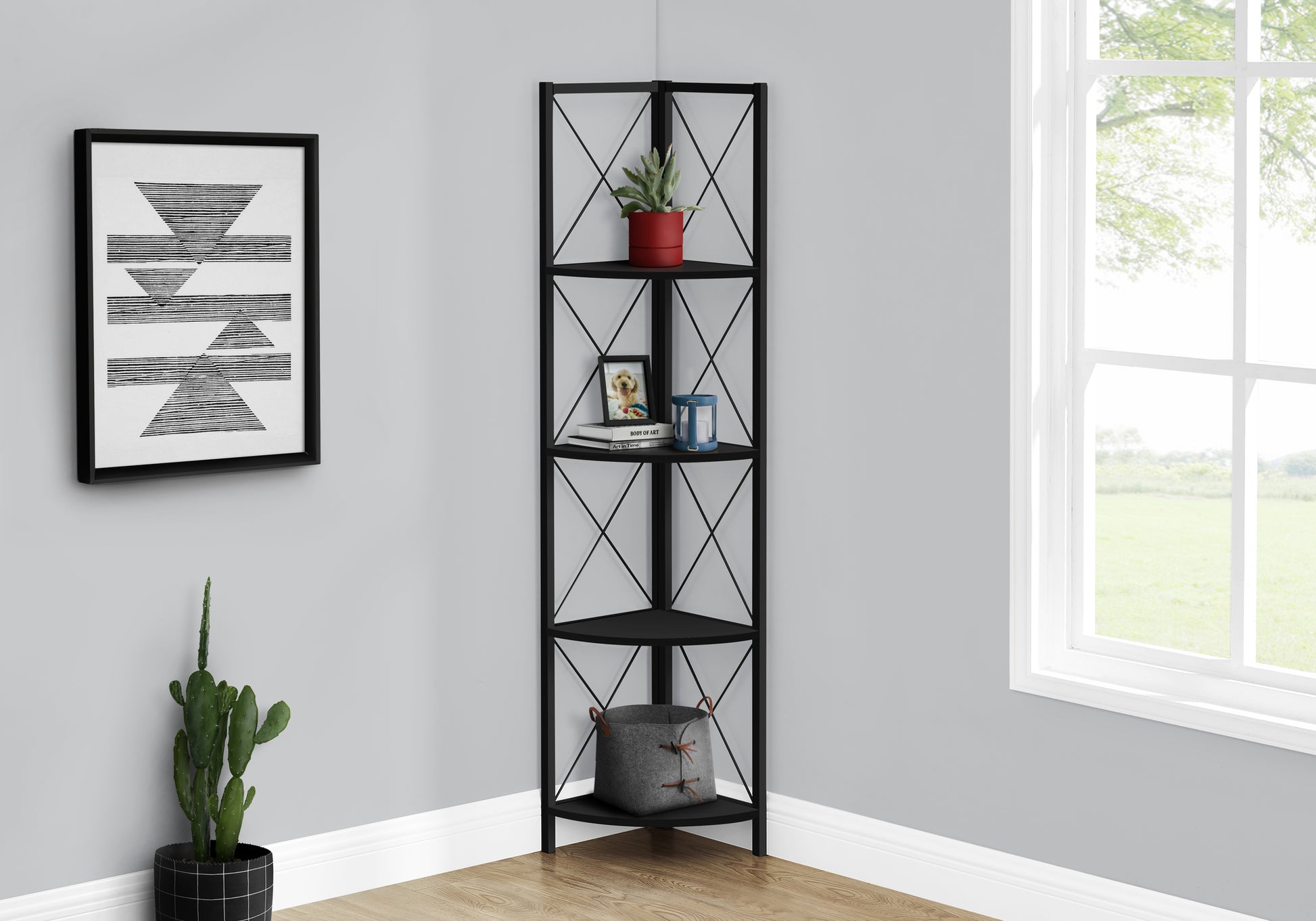 Bookcase - 60"H / Espresso / Black Metal Corner Etagere-Bookshelf-DECOROLALA