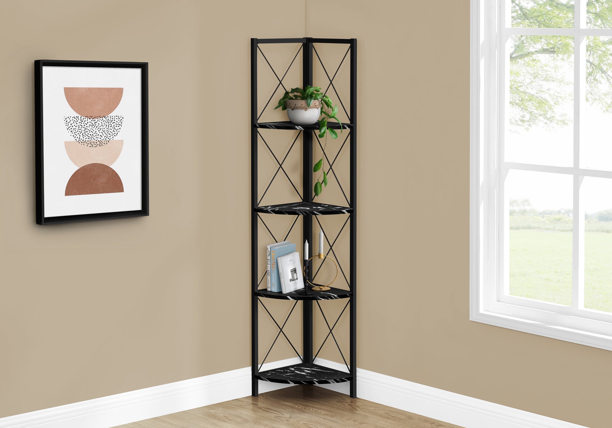 Bookcase - 60"H / Espresso / Black Metal Corner Etagere-Bookshelf-DECOROLALA