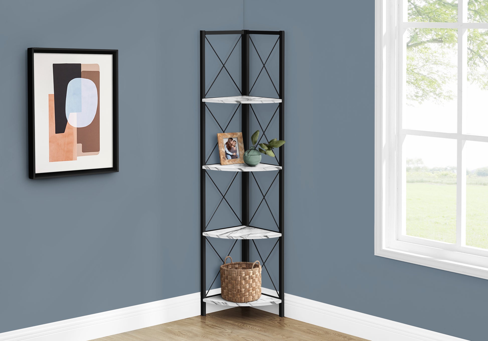 Bookcase - 60"H / Espresso / Black Metal Corner Etagere-Bookshelf-DECOROLALA