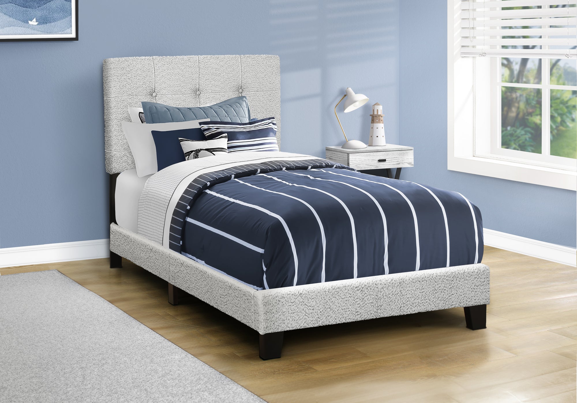 BED - TWIN SIZE / LIGHT GREY BOUCLE FABRIC-Standard Beds-DECOROLALA