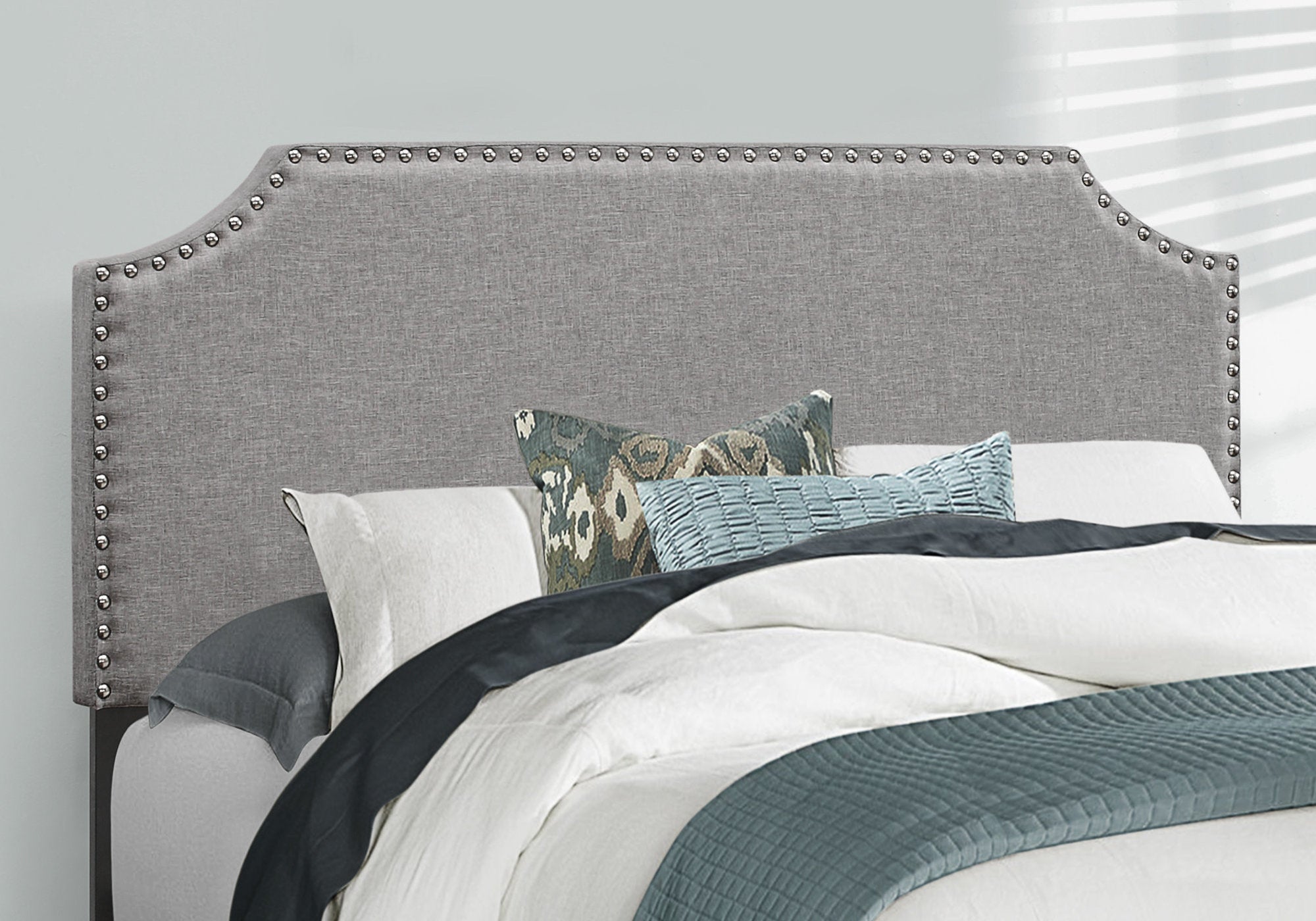 BED - FULL SIZE / GREY LINEN WITH CHROME TRIM-Standard Beds-DECOROLALA