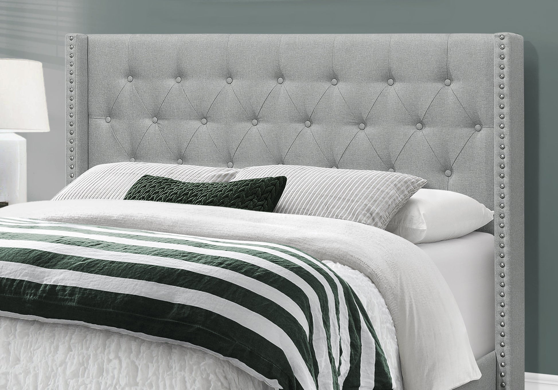 Bed - Queen Size / Grey Linen With Chrome Trim-Standard Beds-DECOROLALA