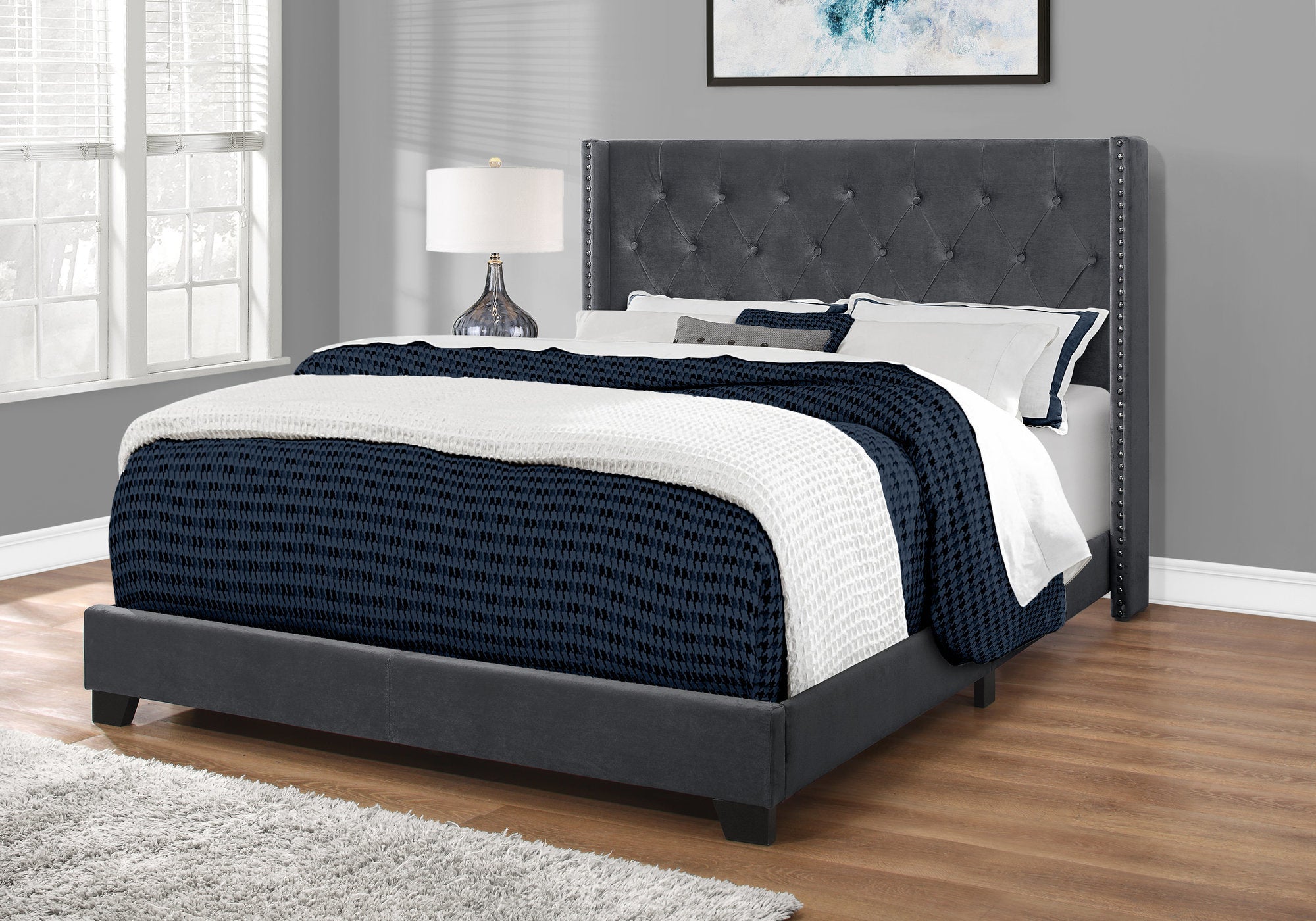 Bed - Queen Size / Grey Linen With Chrome Trim-Standard Beds-DECOROLALA