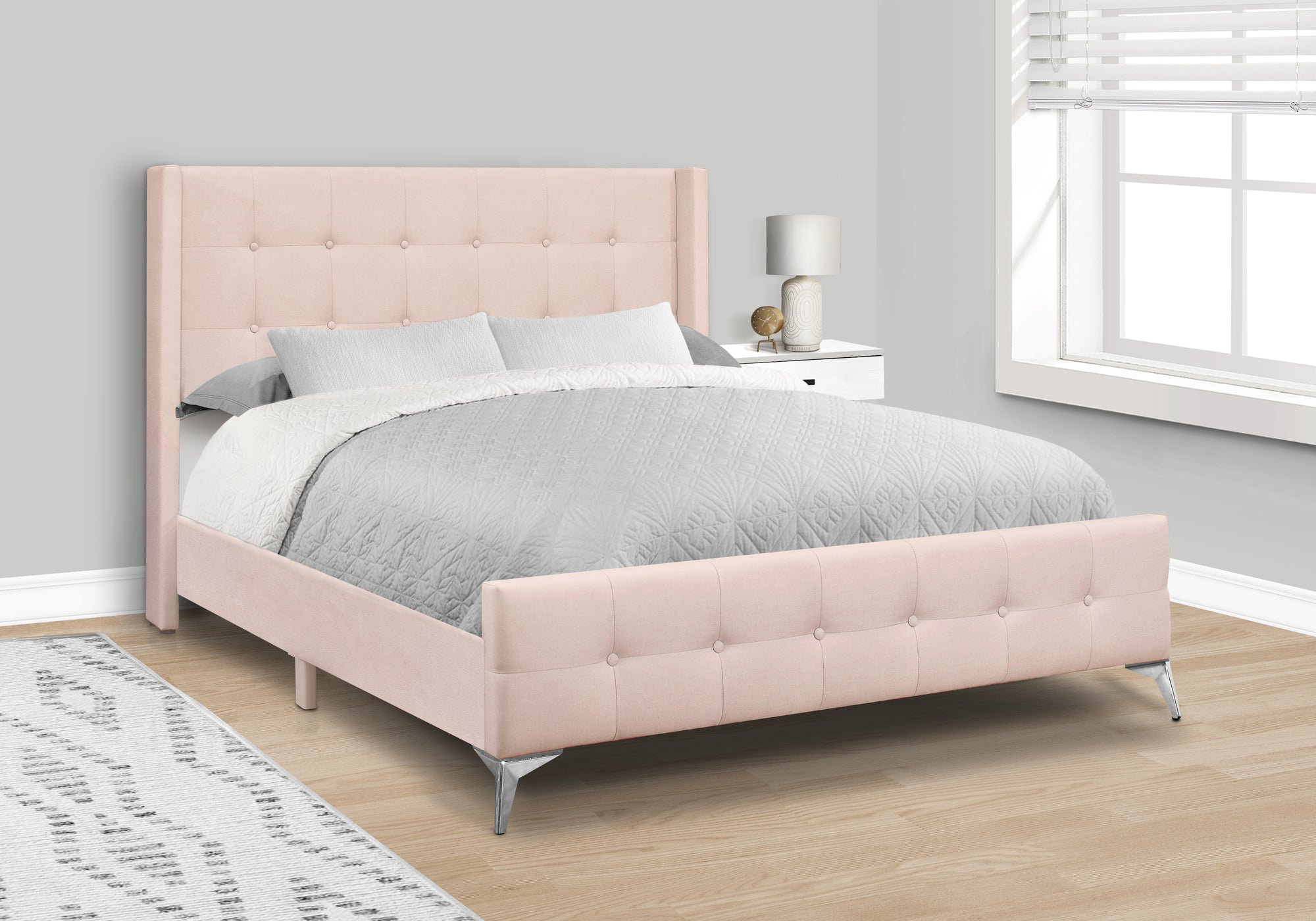 Bed - Queen Size / Grey Linen With Chrome Metal Legs-Standard Beds-DECOROLALA