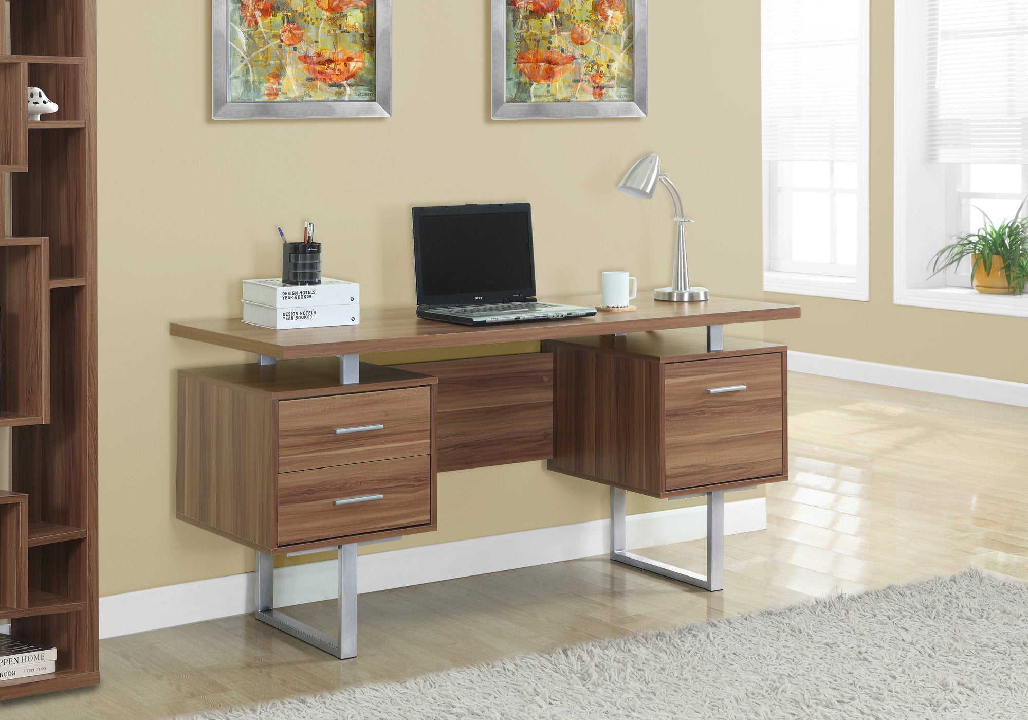 Computer Desk - 60"L / Espresso / Silver Metal-Computer Desk-DECOROLALA