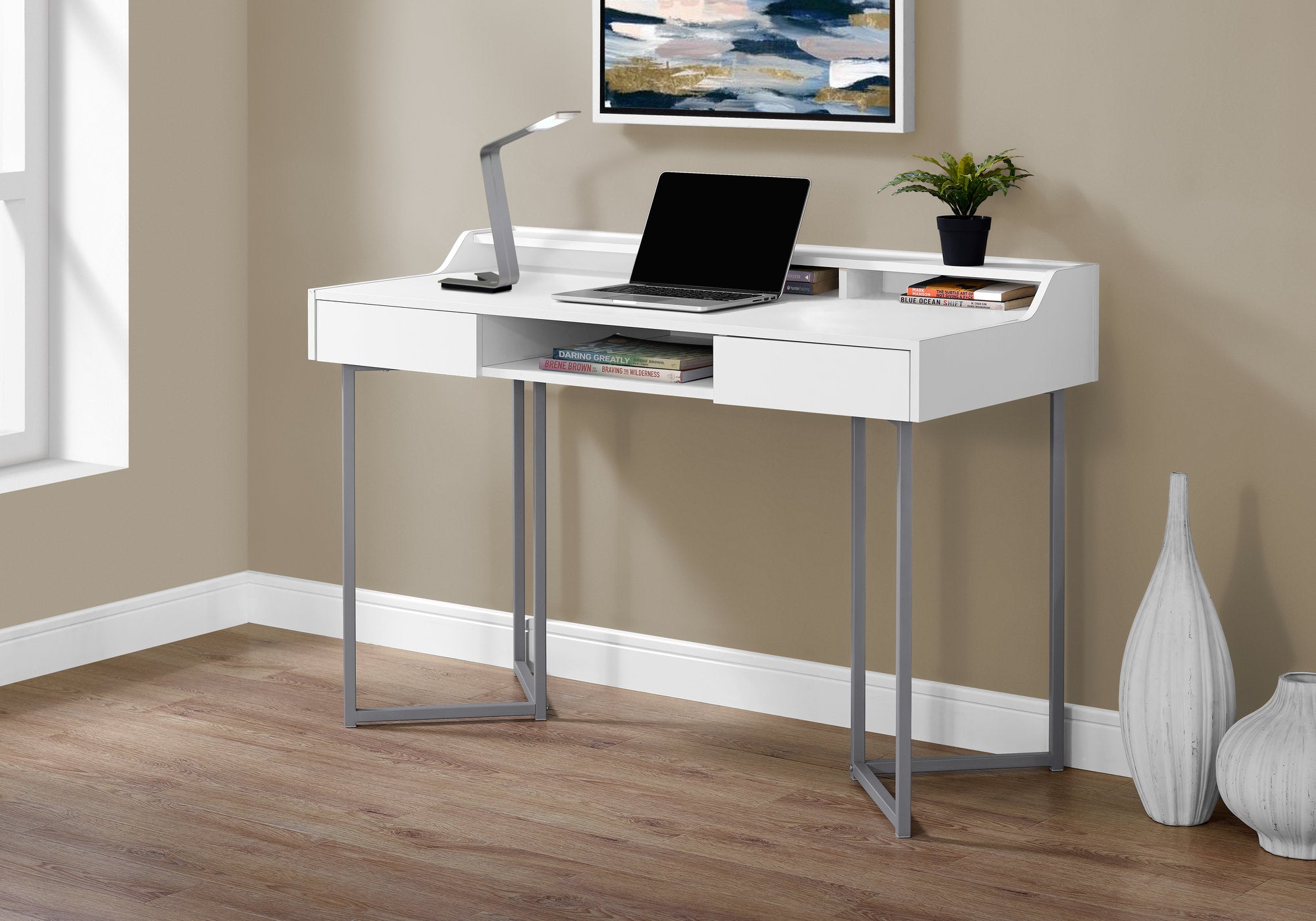 Computer Desk - 48"L / Dark Taupe / Black Metal-Computer Desk-DECOROLALA