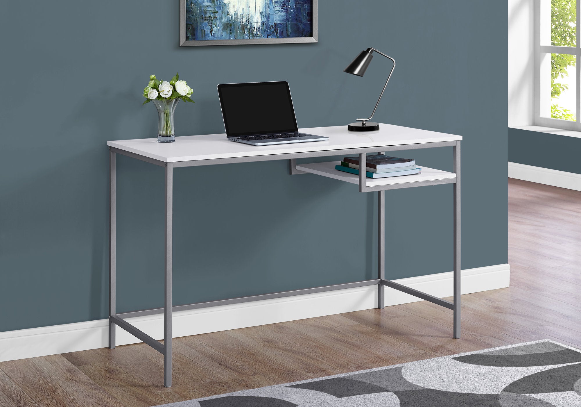 Computer Desk - 48"L / White / Silver Metal-Computer Desk-DECOROLALA