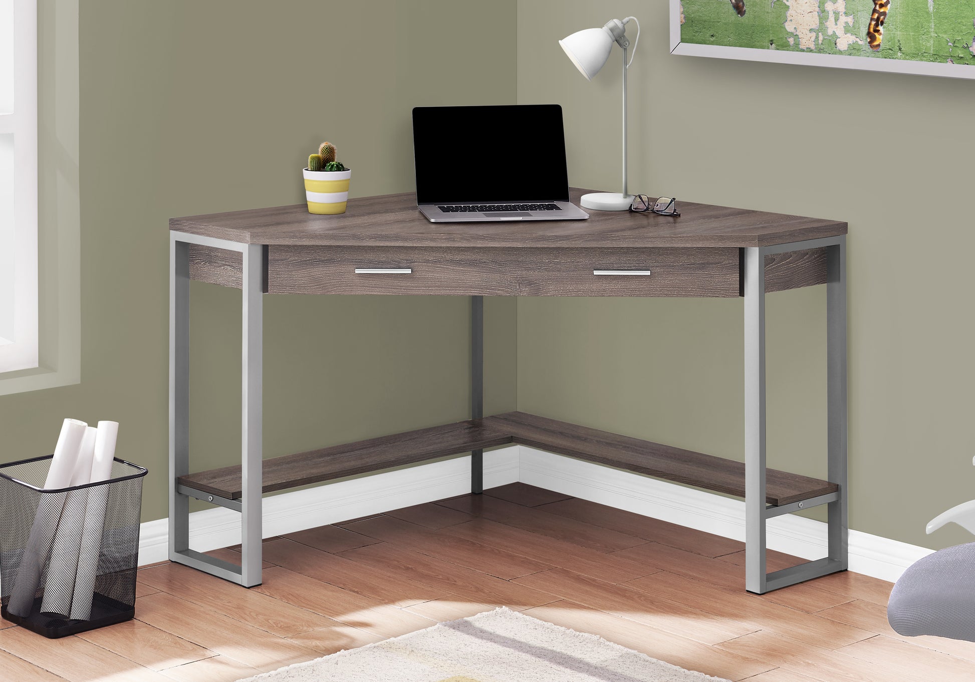 Computer Desk - 42"L / White Corner / Silver Metal-Computer Desk-DECOROLALA