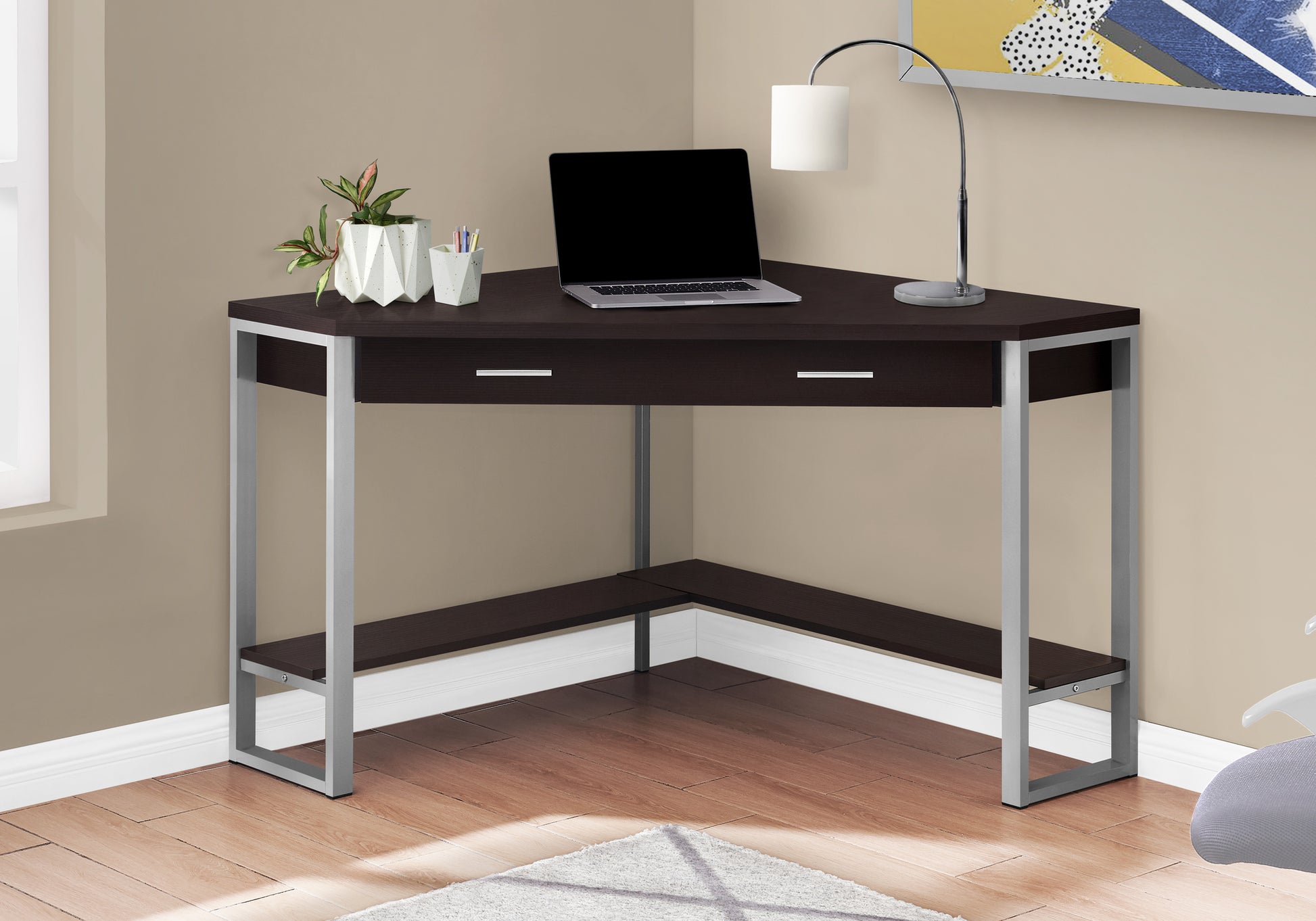 Computer Desk - 42"L / White Corner / Silver Metal-Computer Desk-DECOROLALA