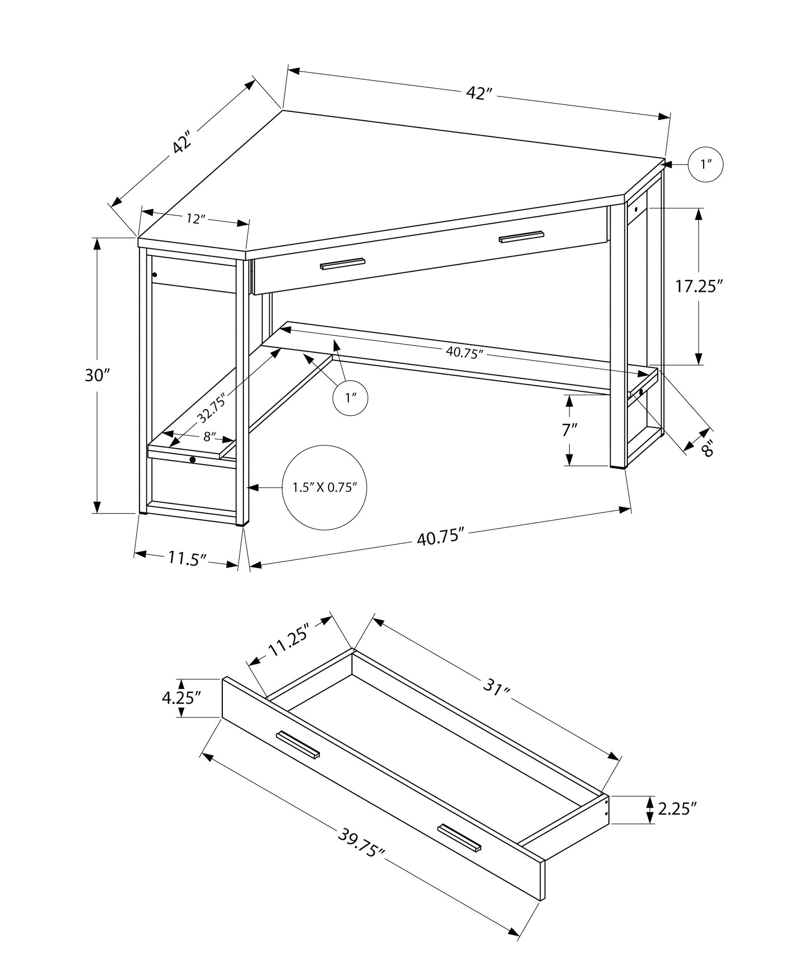 Computer Desk - 42"L / White Corner / Silver Metal-Computer Desk-DECOROLALA