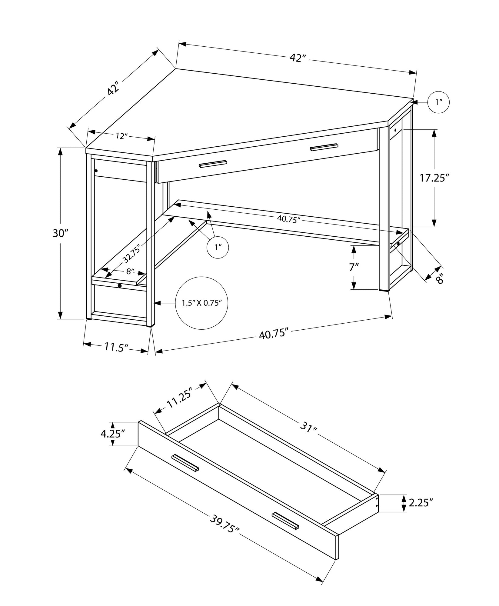 Computer Desk - 42"L / White Corner / Silver Metal-Computer Desk-DECOROLALA