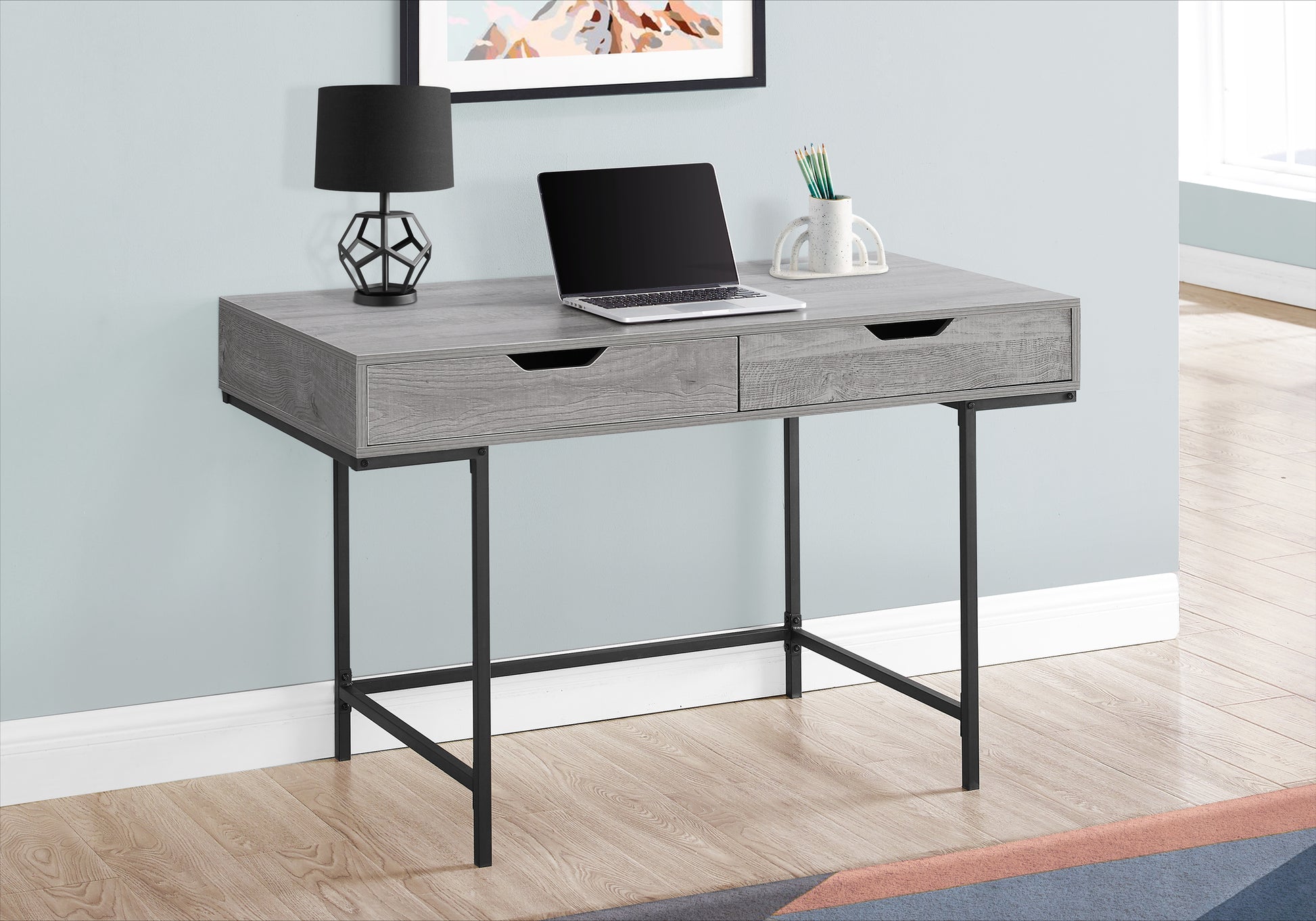 Computer Desk - 48"L / Black Marble-Look / Black Metal-Computer Desk-DECOROLALA