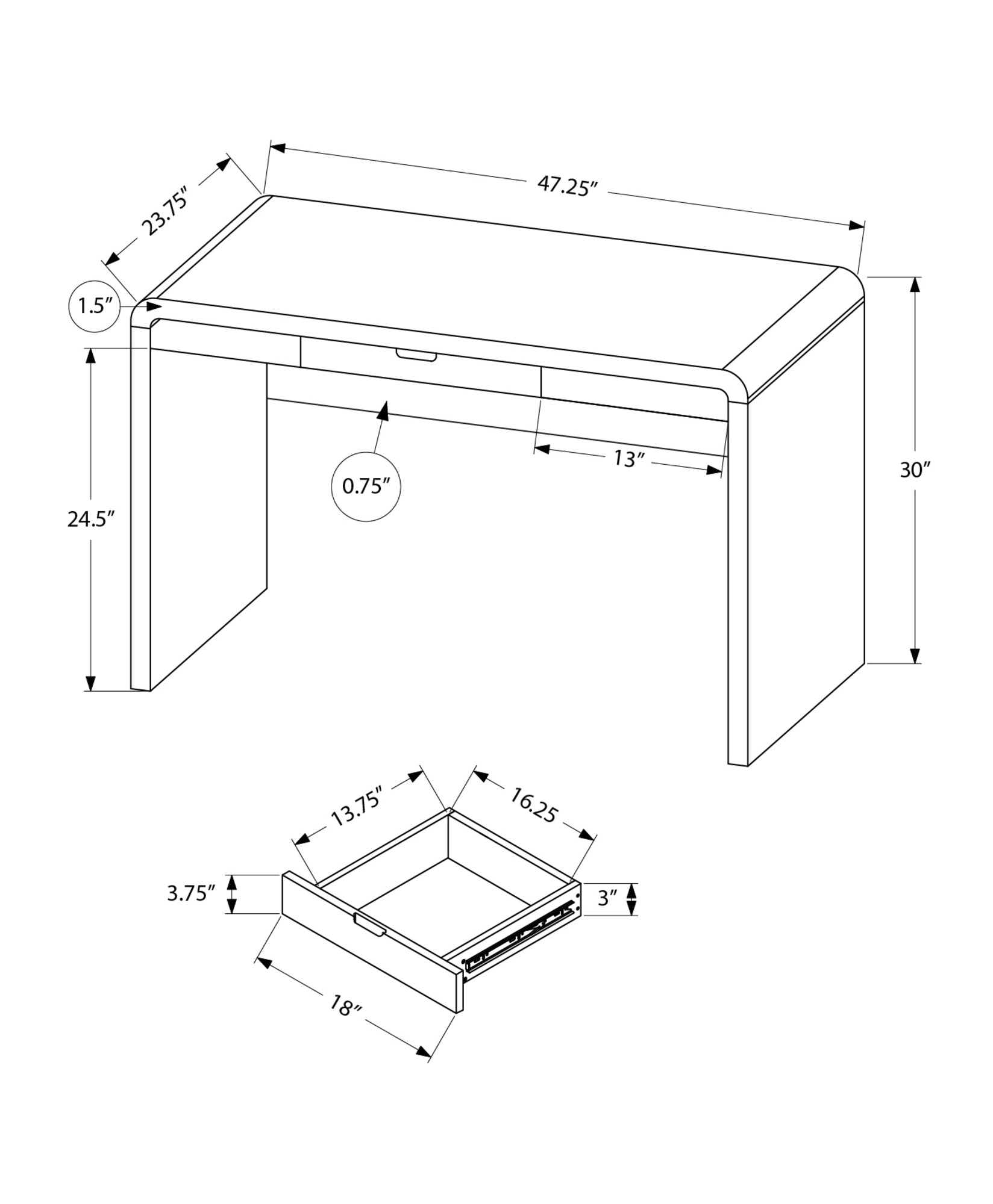 COMPUTER DESK - 48"L / HIGH GLOSSY WHITE / STORAGE DRAWER-Computer Desk-DECOROLALA
