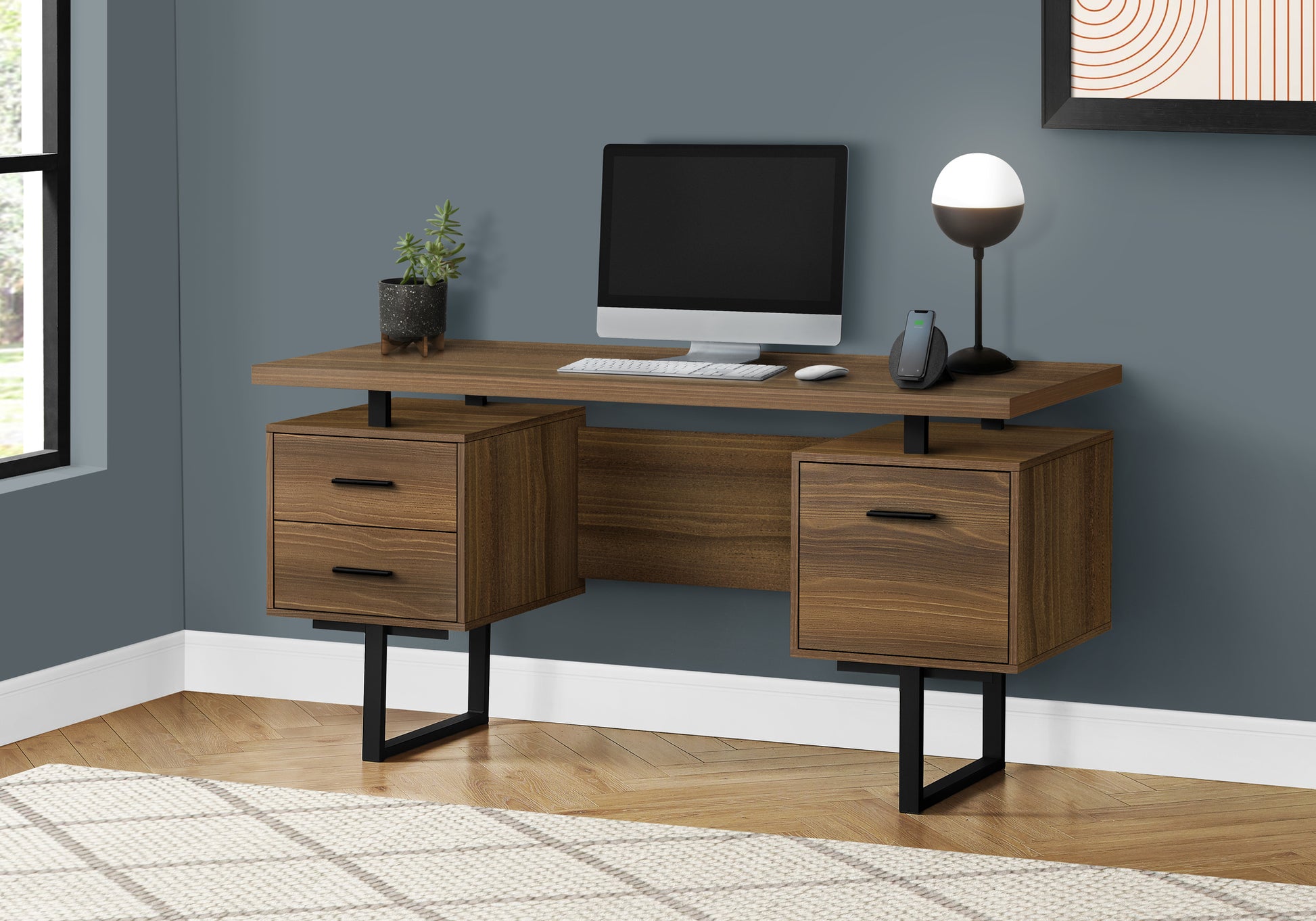 Computer Desk - 60"L / Espresso / Silver Metal-Computer Desk-DECOROLALA
