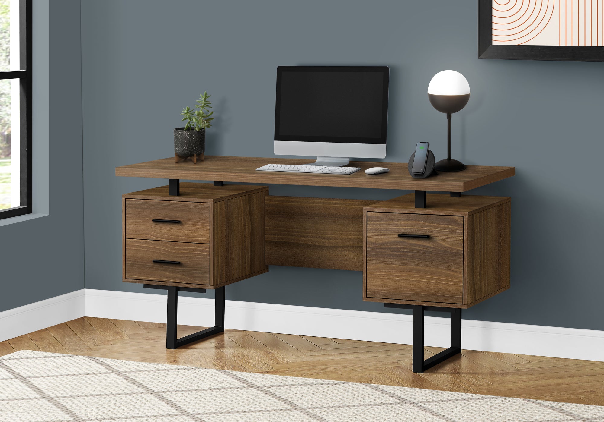 Computer Desk - 60"L / Espresso / Silver Metal-Computer Desk-DECOROLALA