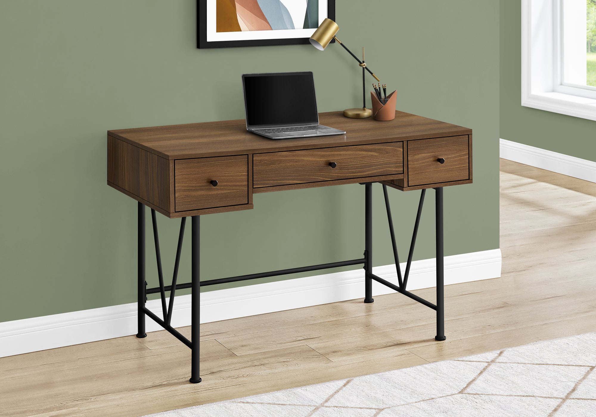 Computer Desk - 48"L / Walnut / Black Metal-Computer Desk-DECOROLALA