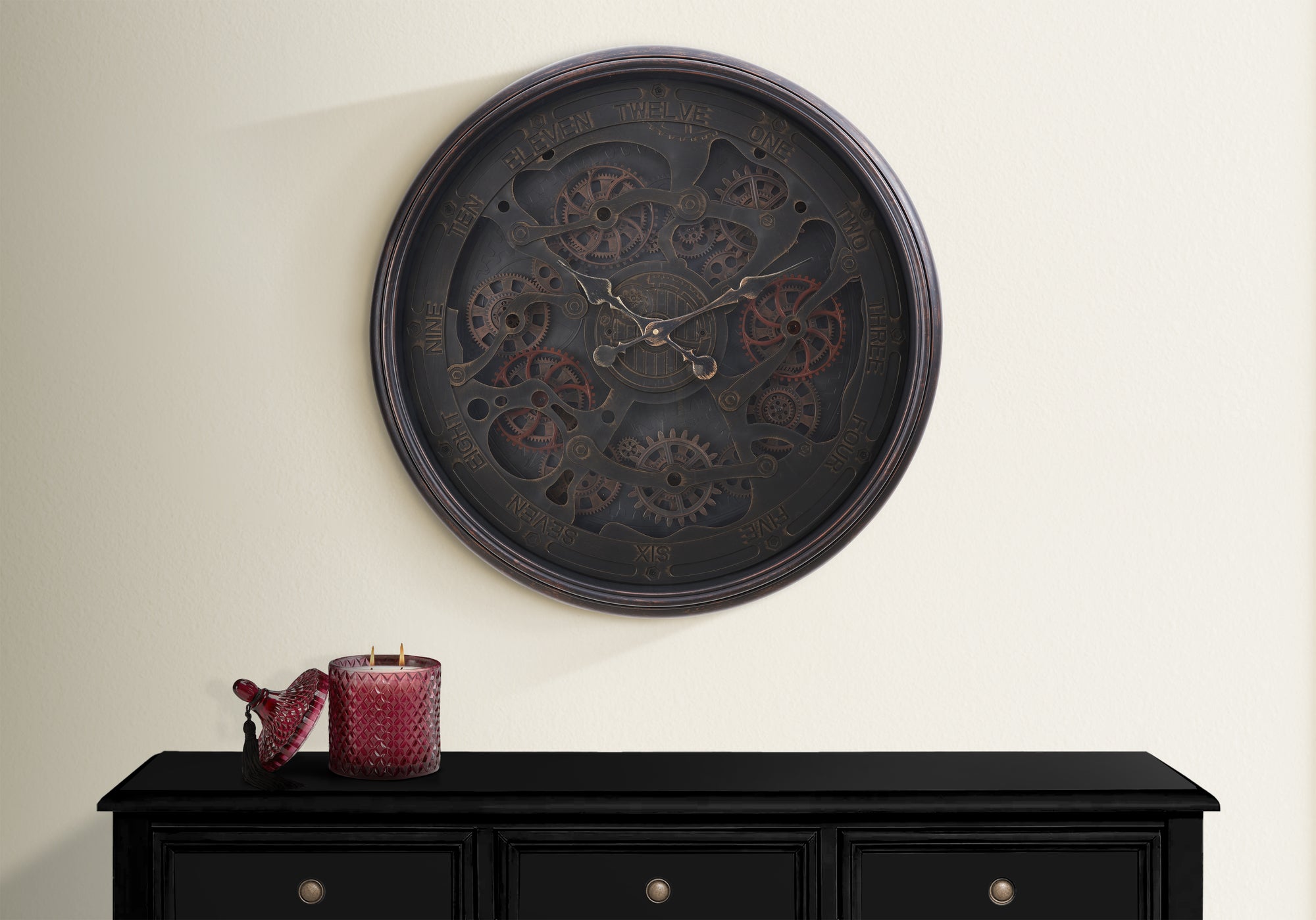 CLOCKS - 30"DIA / GEAR MECHANISM WALL CLOCK / BLACK-Clocks-DECOROLALA