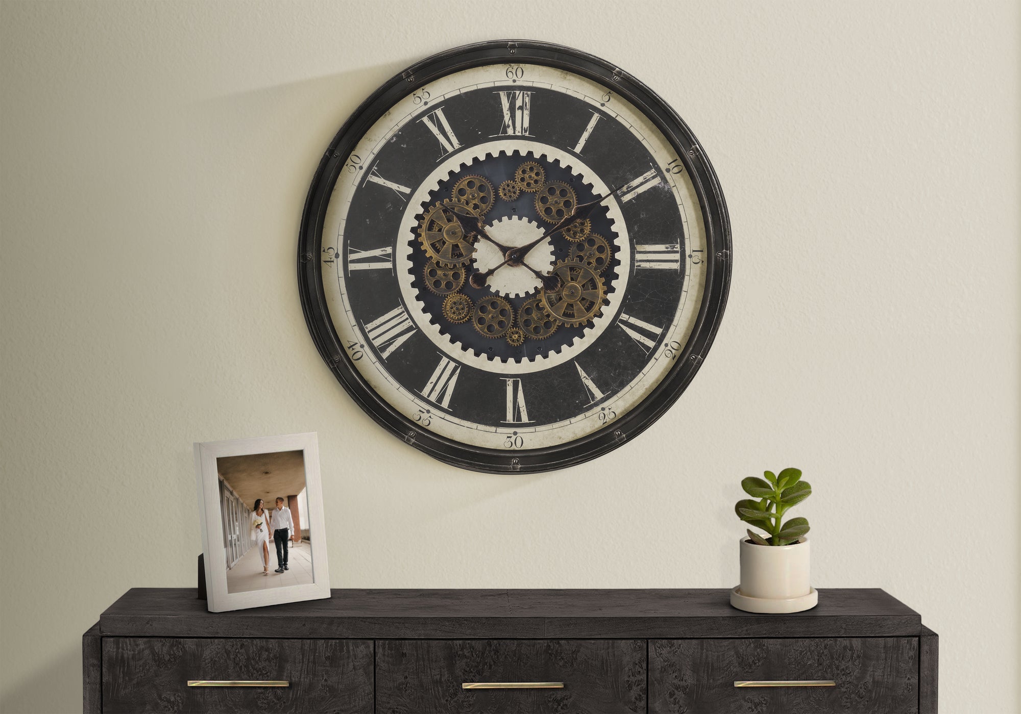 CLOCKS - 30"DIA / GEAR MECHANISM WALL CLOCK / BROWN-Clocks-DECOROLALA