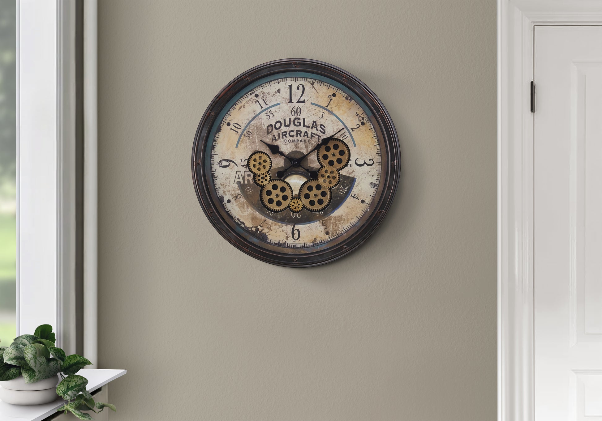 CLOCKS - 20"DIA / GEAR MECHANISM WALL CLOCK / BROWN-Clocks-DECOROLALA