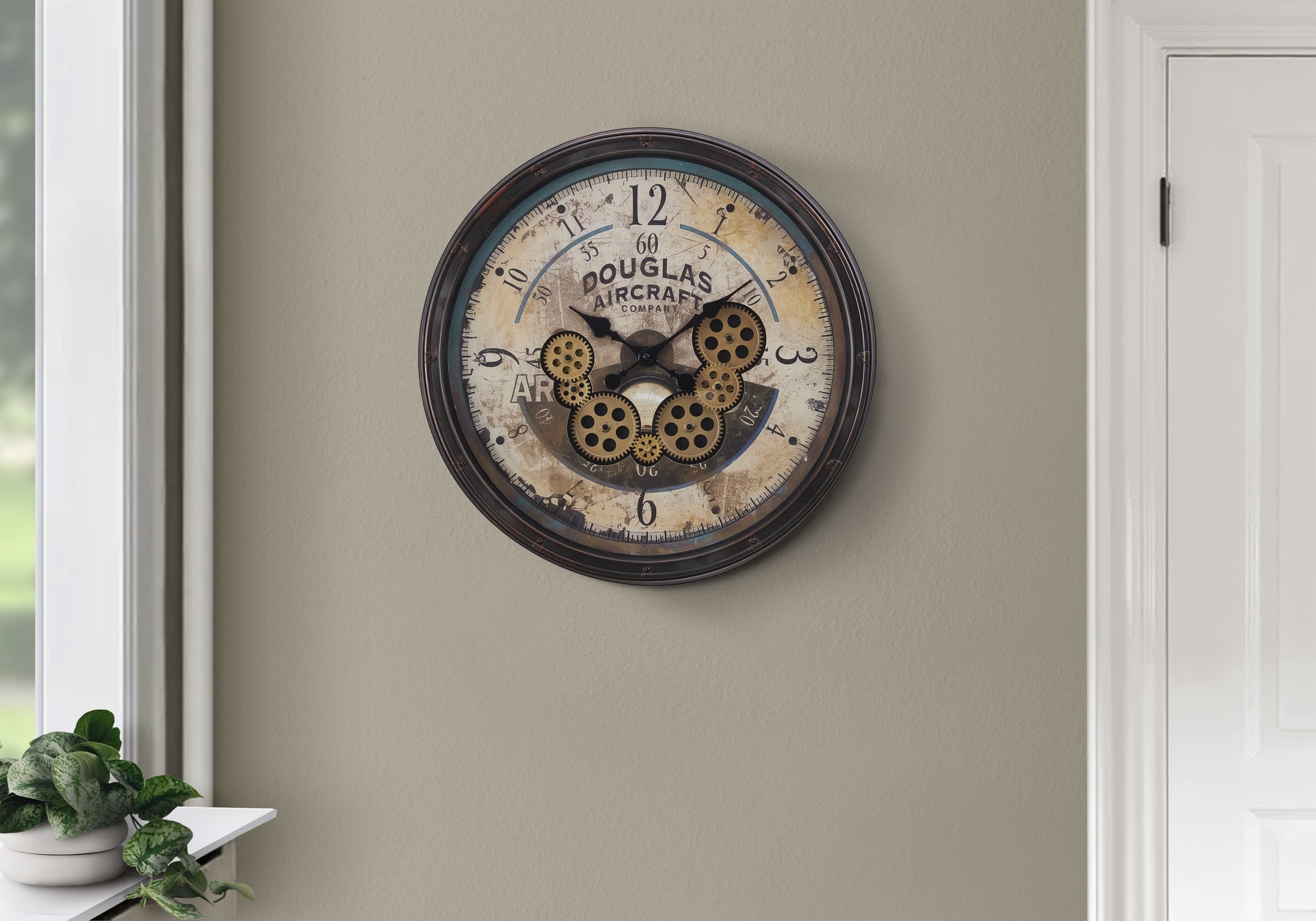 CLOCKS - 20"DIA / GEAR MECHANISM WALL CLOCK / BROWN-Clocks-DECOROLALA